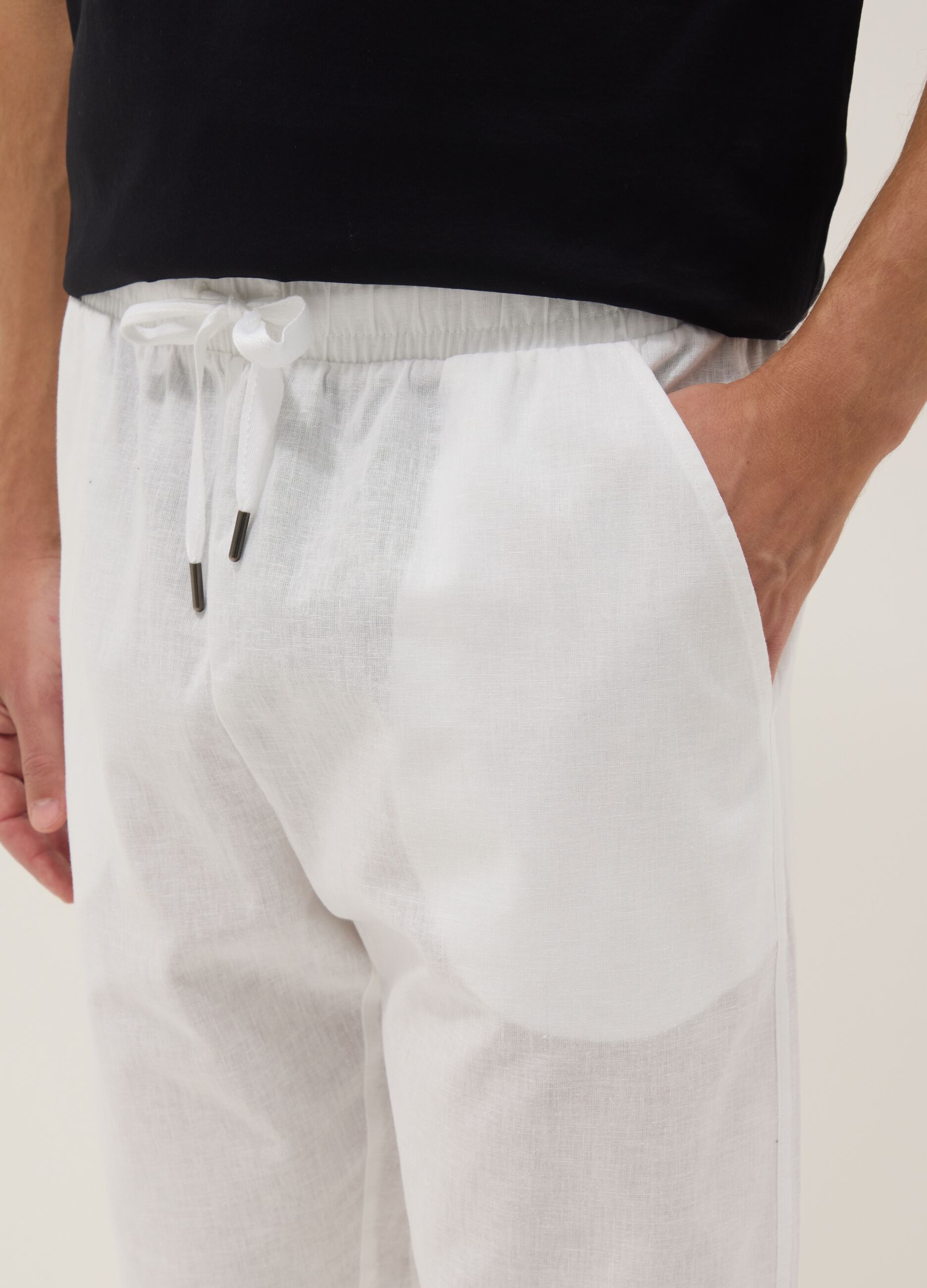 White cotton-linen blend pyjama trousers with relaxed fit