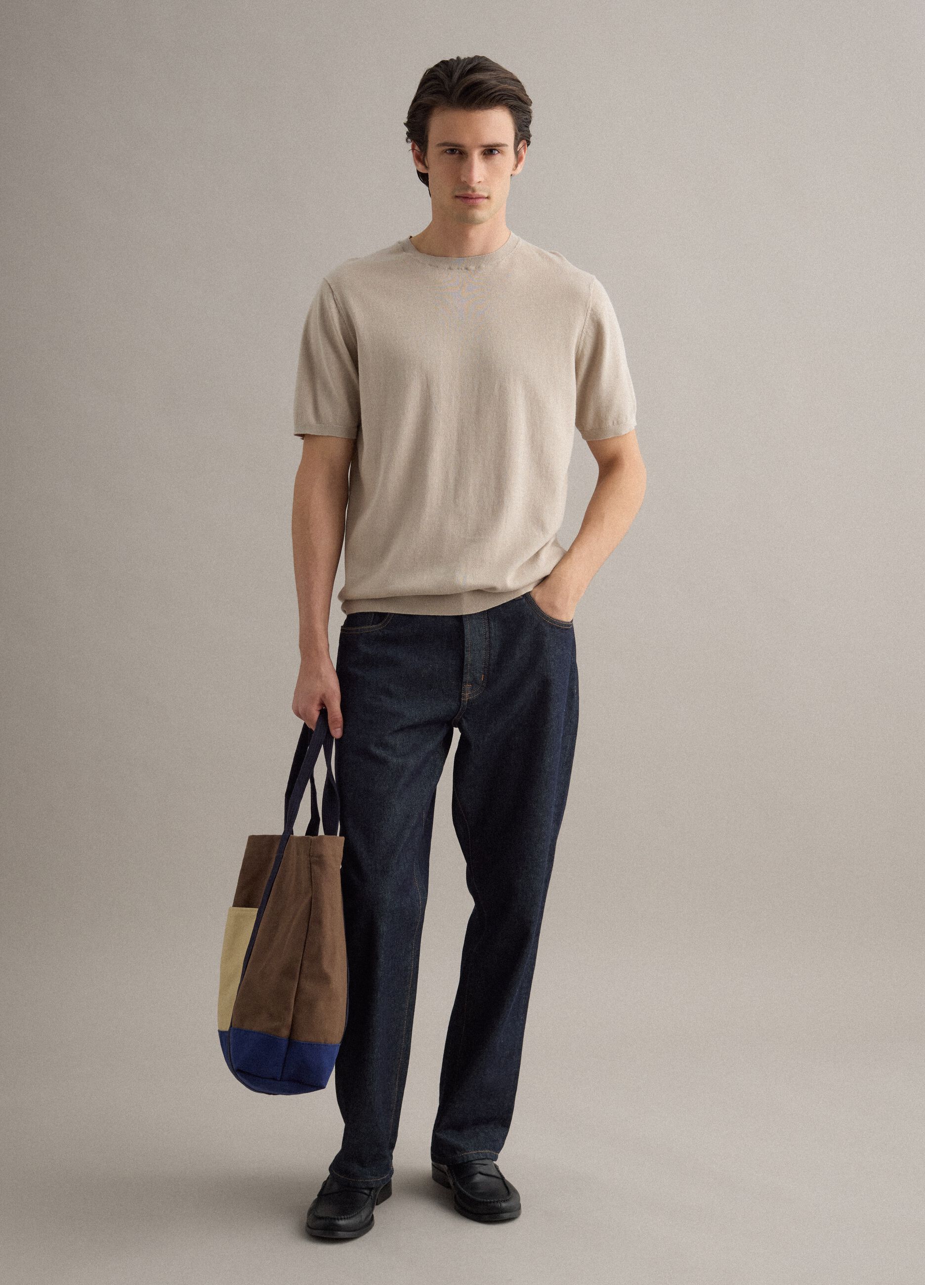 Short-sleeve beige cotton, linen, and silk blend regular fit t-shirt