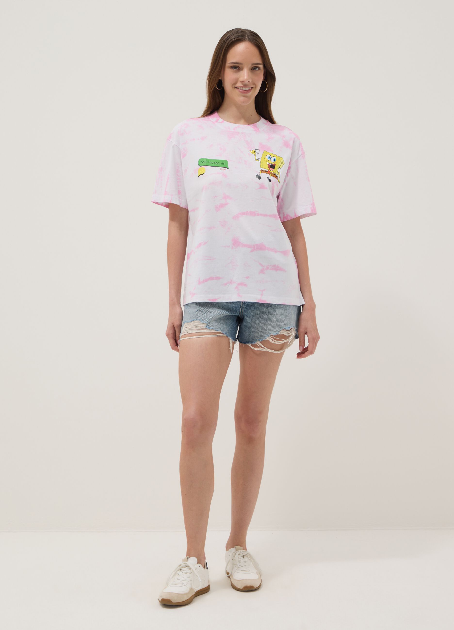 Multicoloured pure cotton T-shirt with regular fit and SpongeBob print