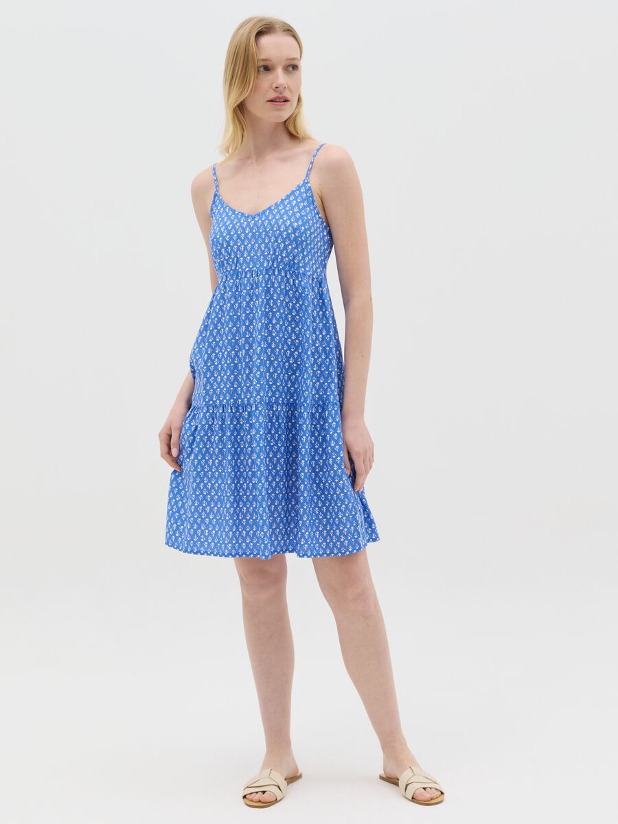 Light blue viscose dress with V neck and flounce_0