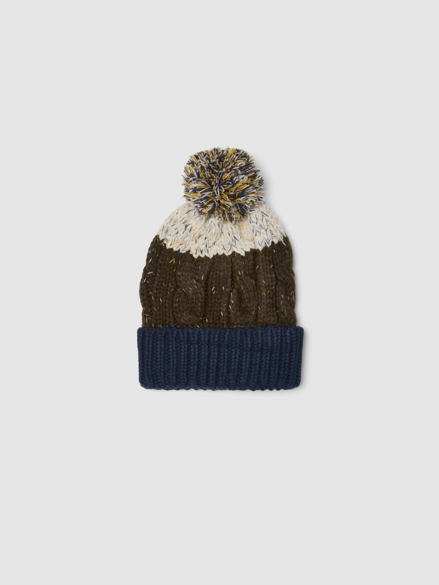 Blue and brown knitted beanie with pom-pom_0