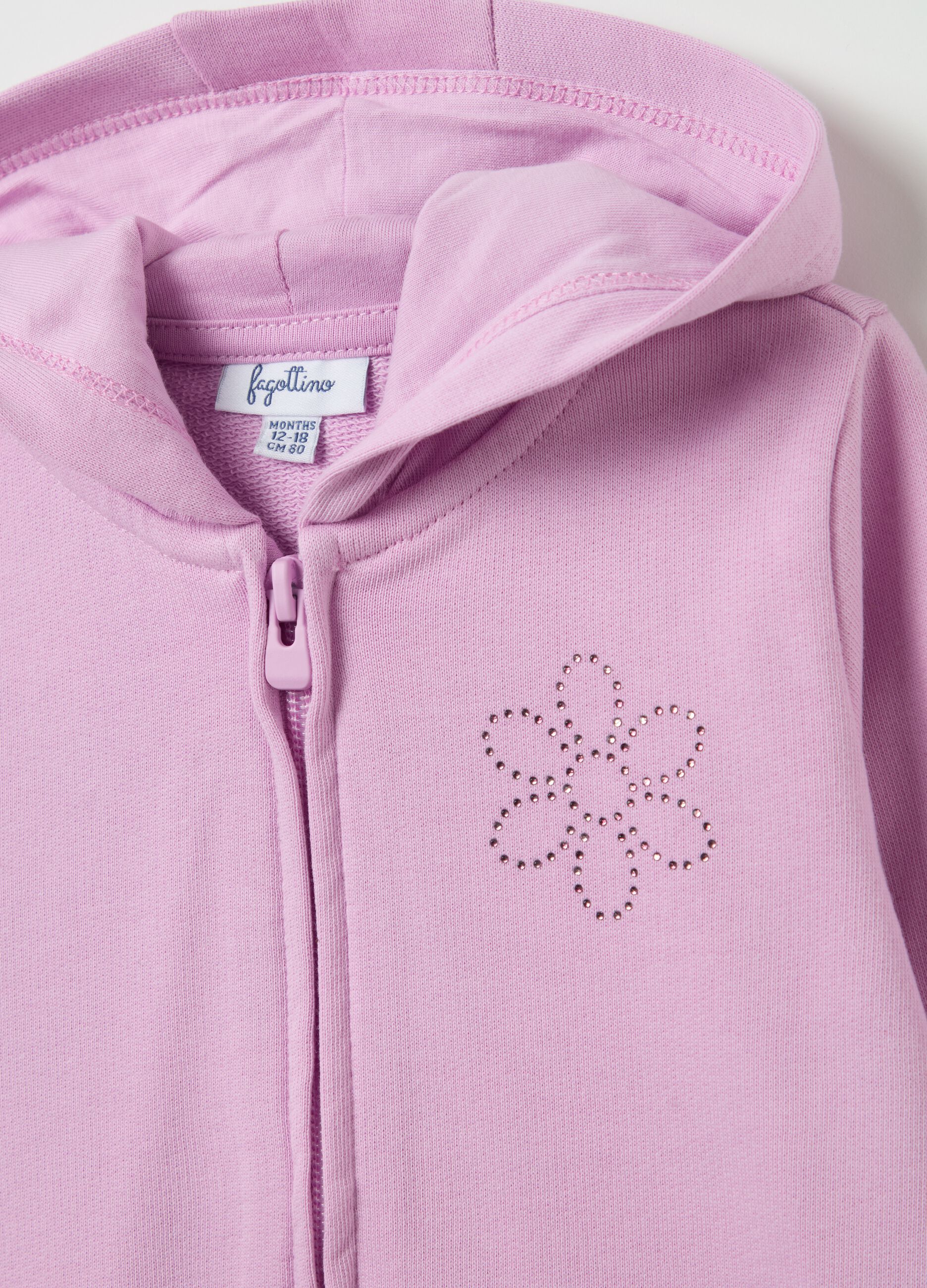 Full-zip sweatshirt in French terry with hood and diamantés