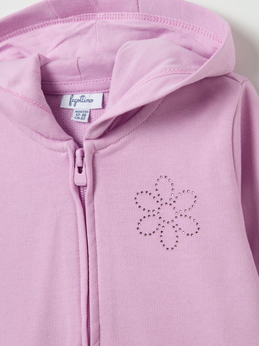 Full-zip sweatshirt in French terry with hood and diamantés_2