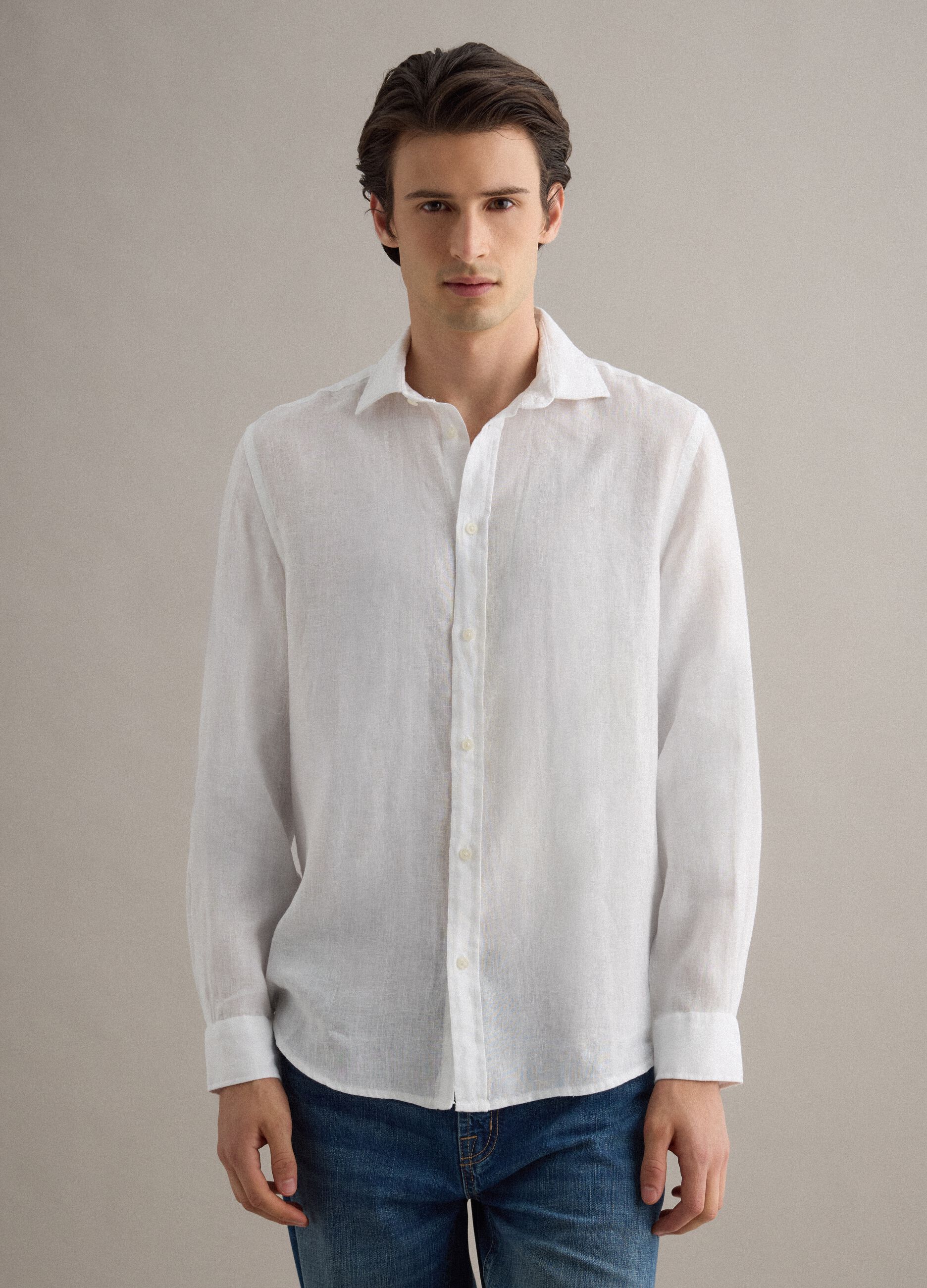 White Pure Linen Long-Sleeve Shirt, Regular Fit