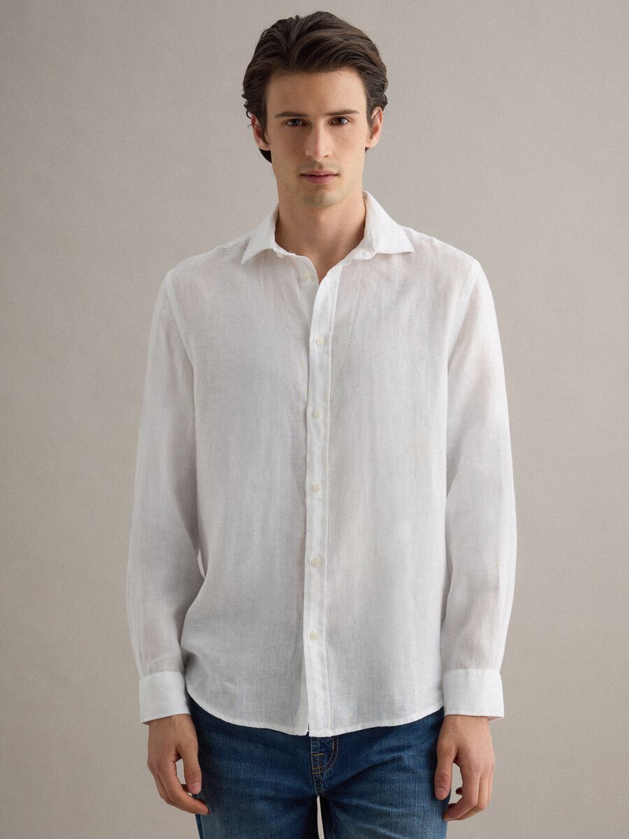Camicia a maniche lunghe in puro lino bianca regular fit_1