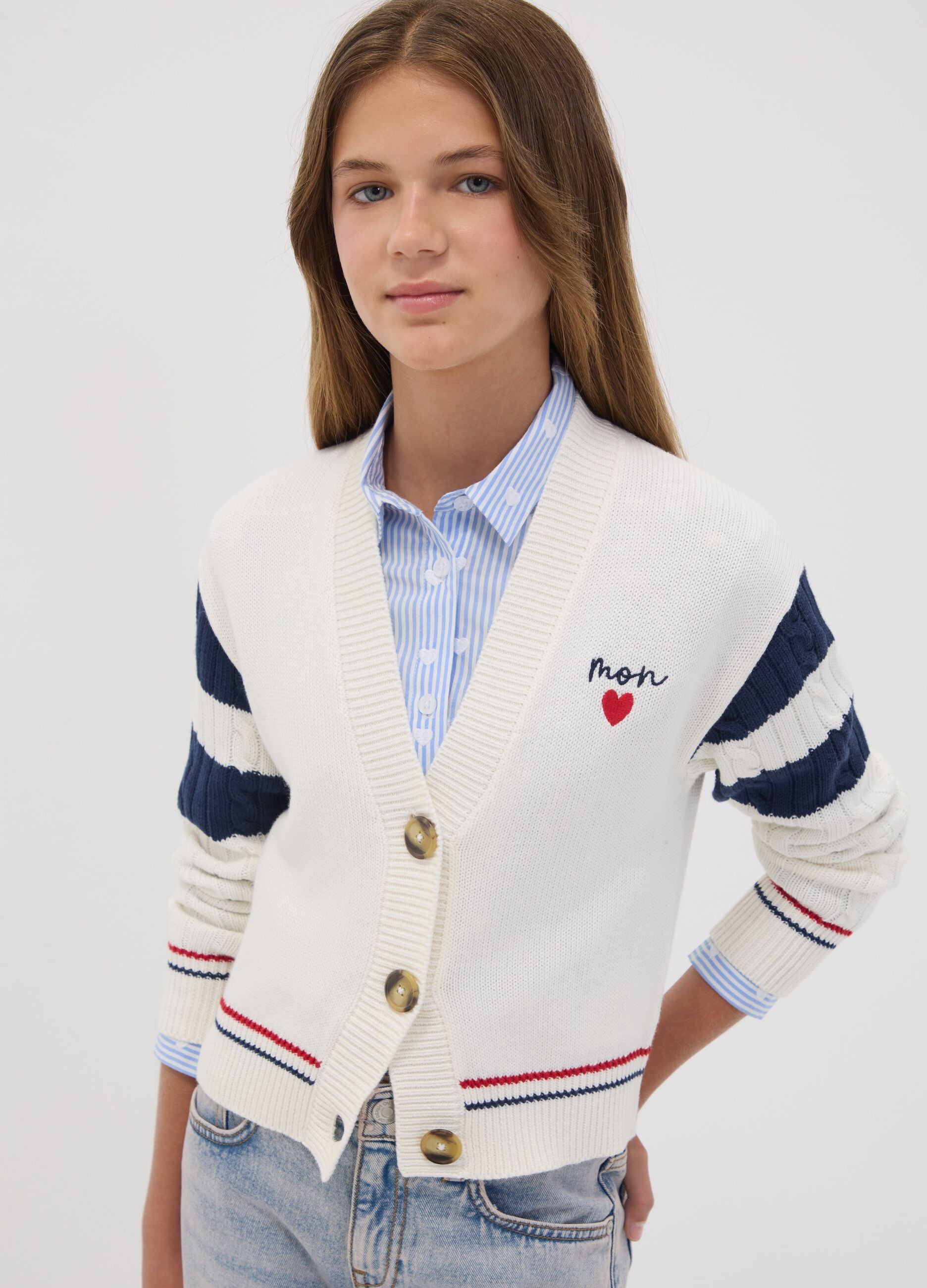 White cotton-blend cardigan with deep V-neck and heart embroidery