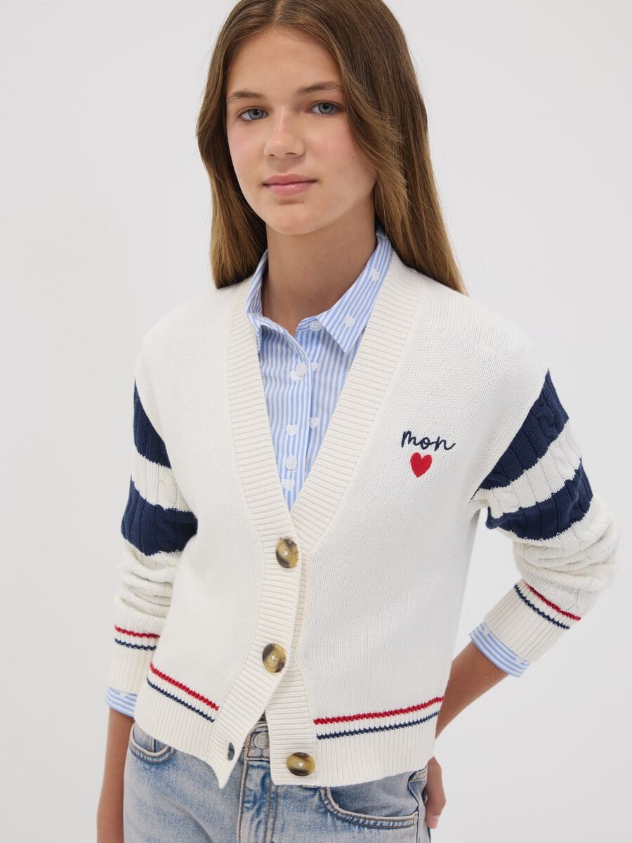 White cotton-blend cardigan with deep V-neck and heart embroidery_1