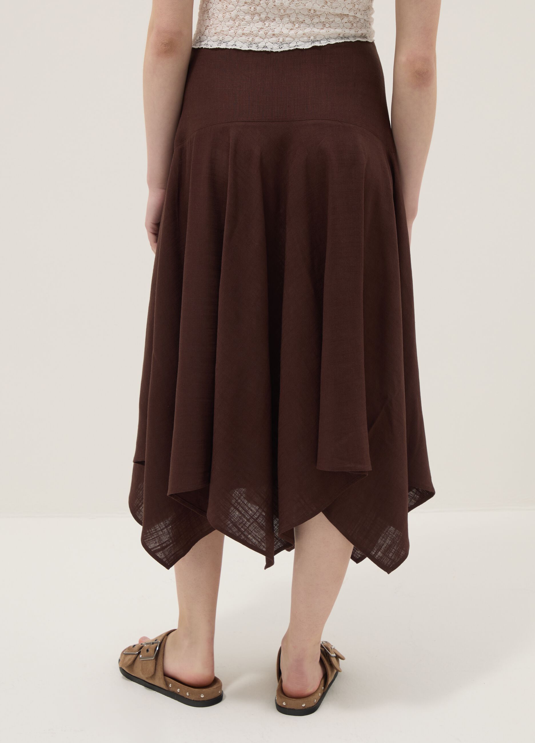 Flowing long brown viscose-linen blend skirt