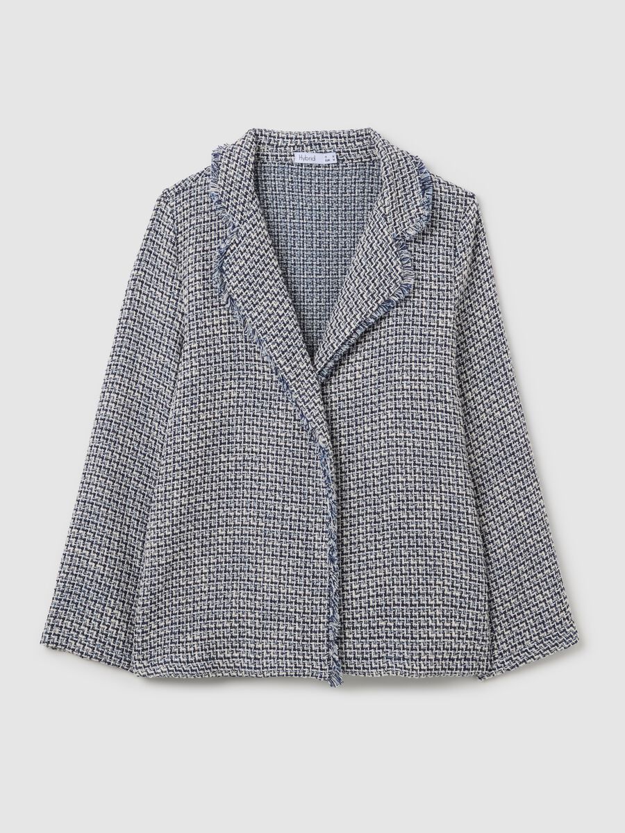 White and blue open blazer in fringed tweed_4