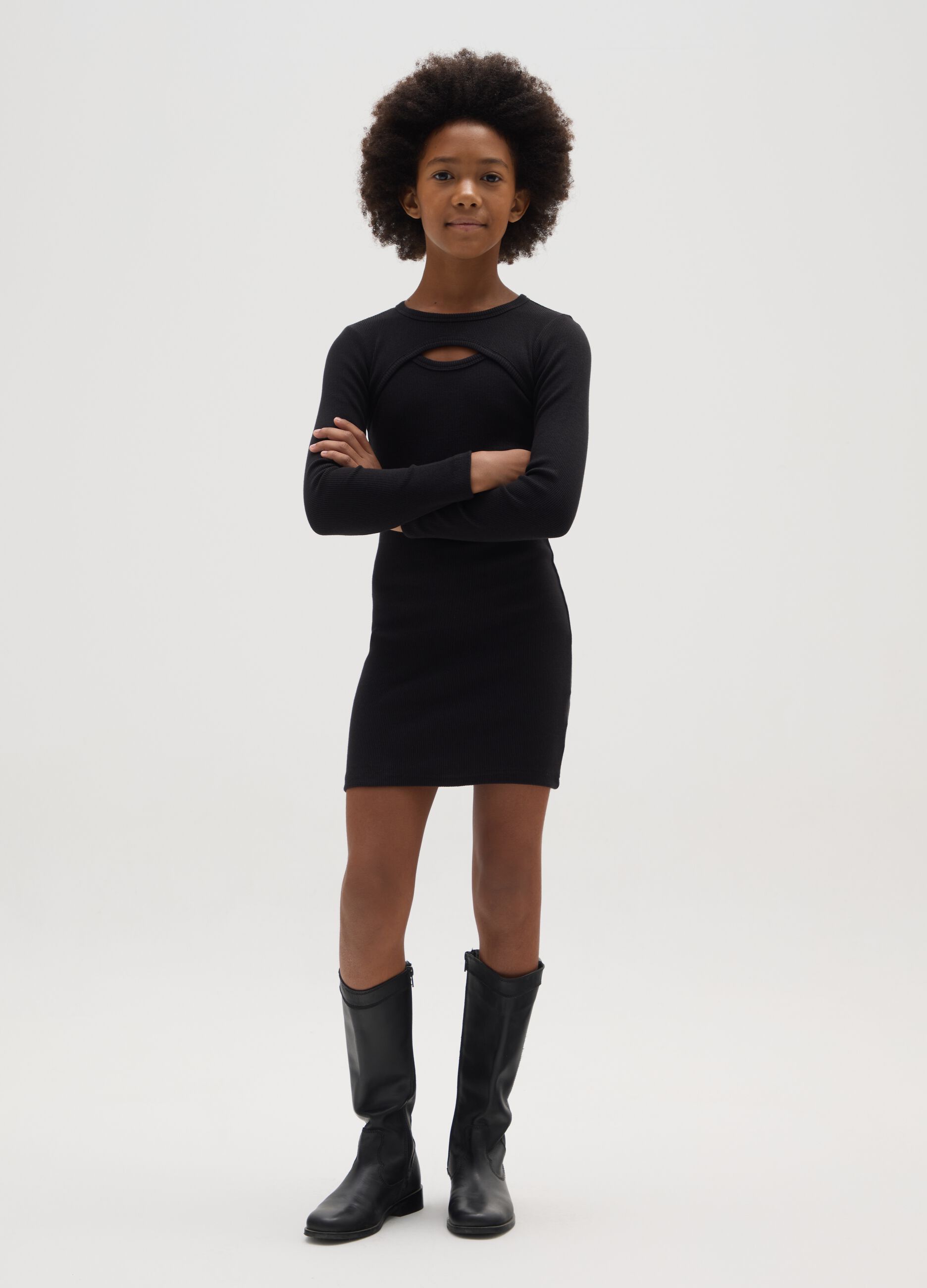 Girls' dress in black stretch cotton