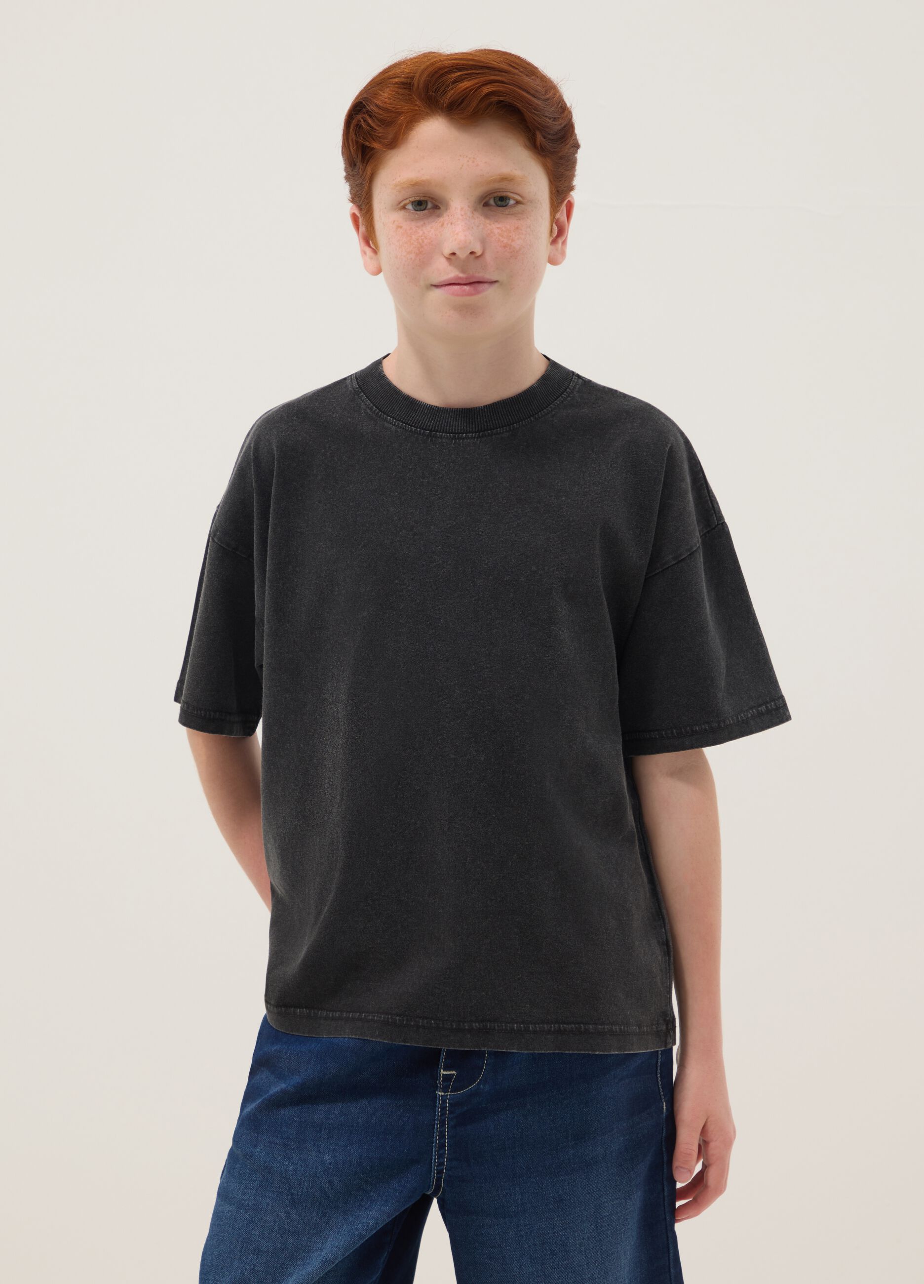 Boys&rsquo; black pure cotton short-sleeve T-shirt, oversized fit