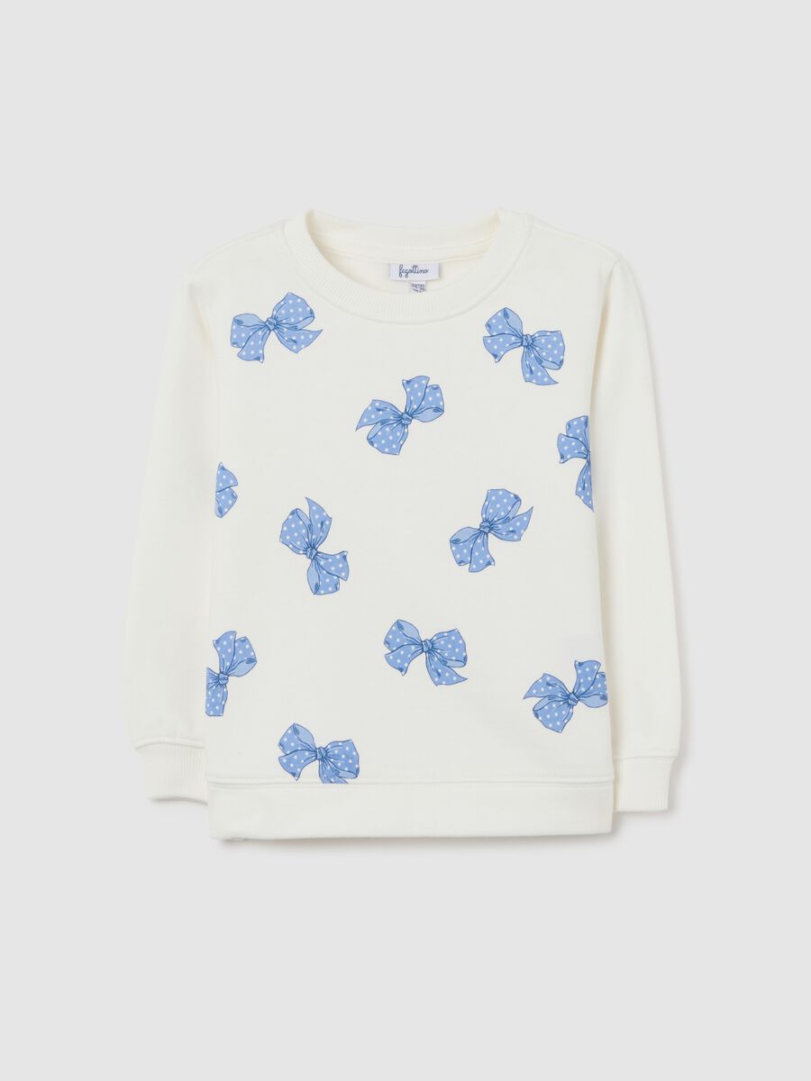 Girls' white sweatshirt in pure cotton with bow print_0