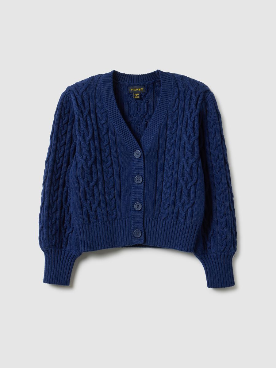 Girls' regular fit deep V blue pure cotton braided cardigan_3