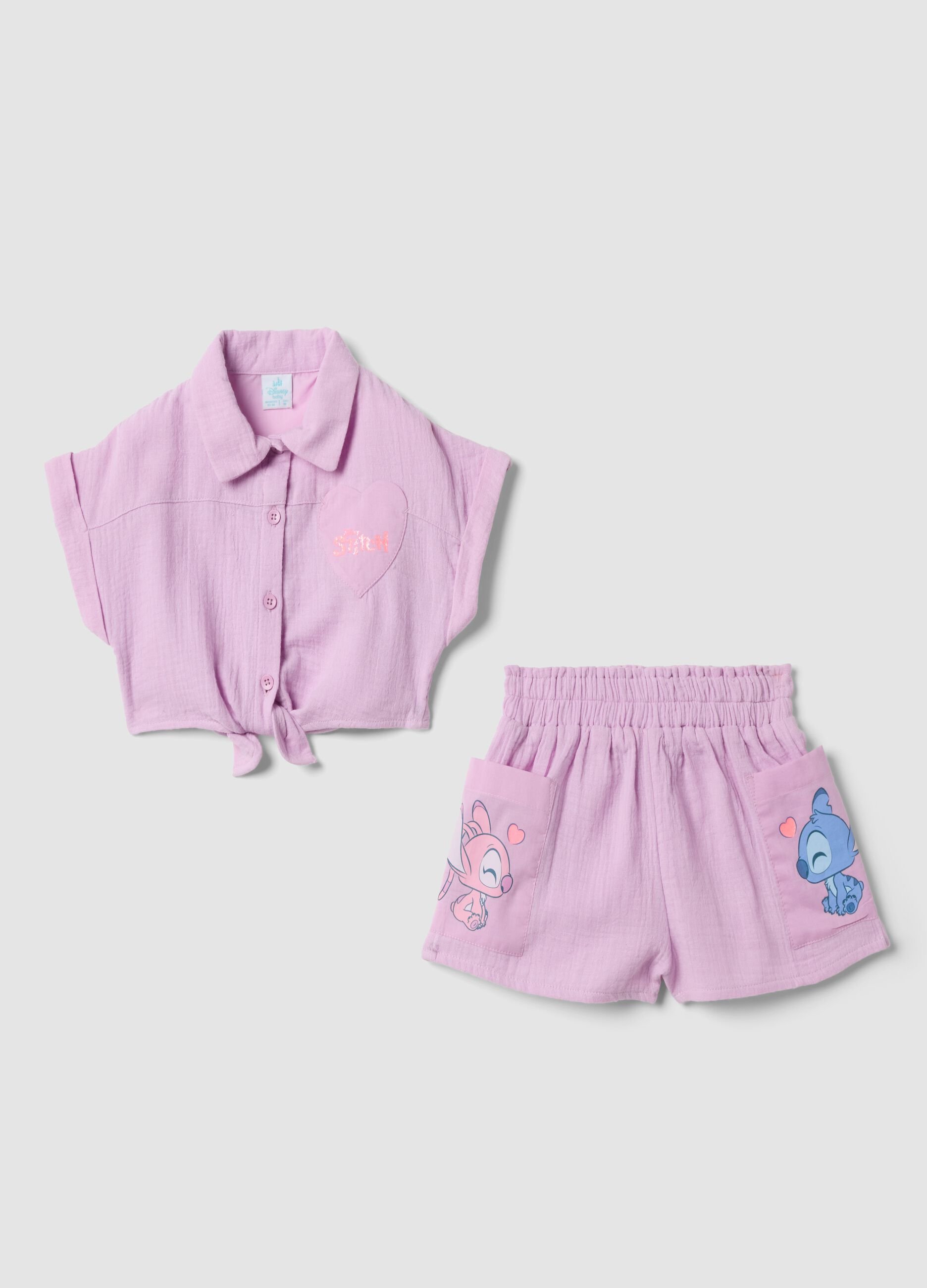 Pink pure cotton set with short-sleeved shirt and shorts