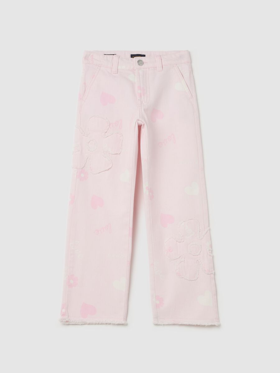 Jeans with heart print and appliqué flowers_0