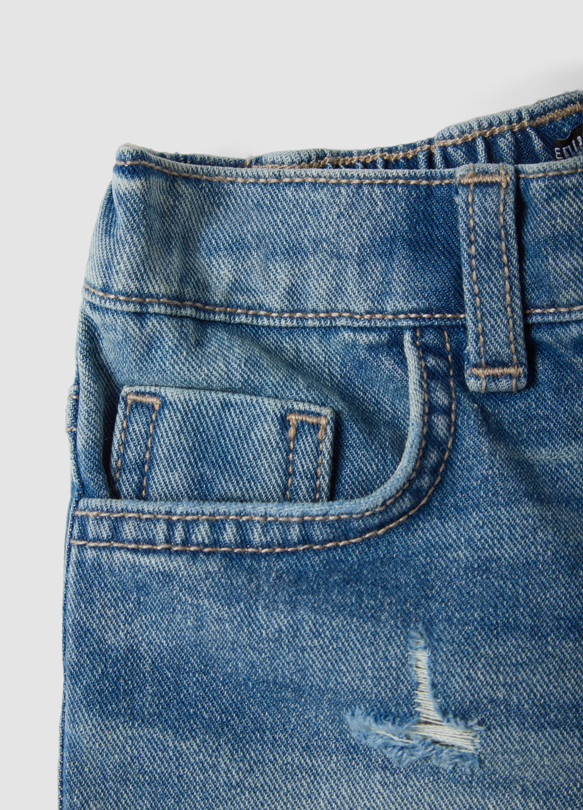 Blue cotton denim shorts for girls, regular fit, distressed details