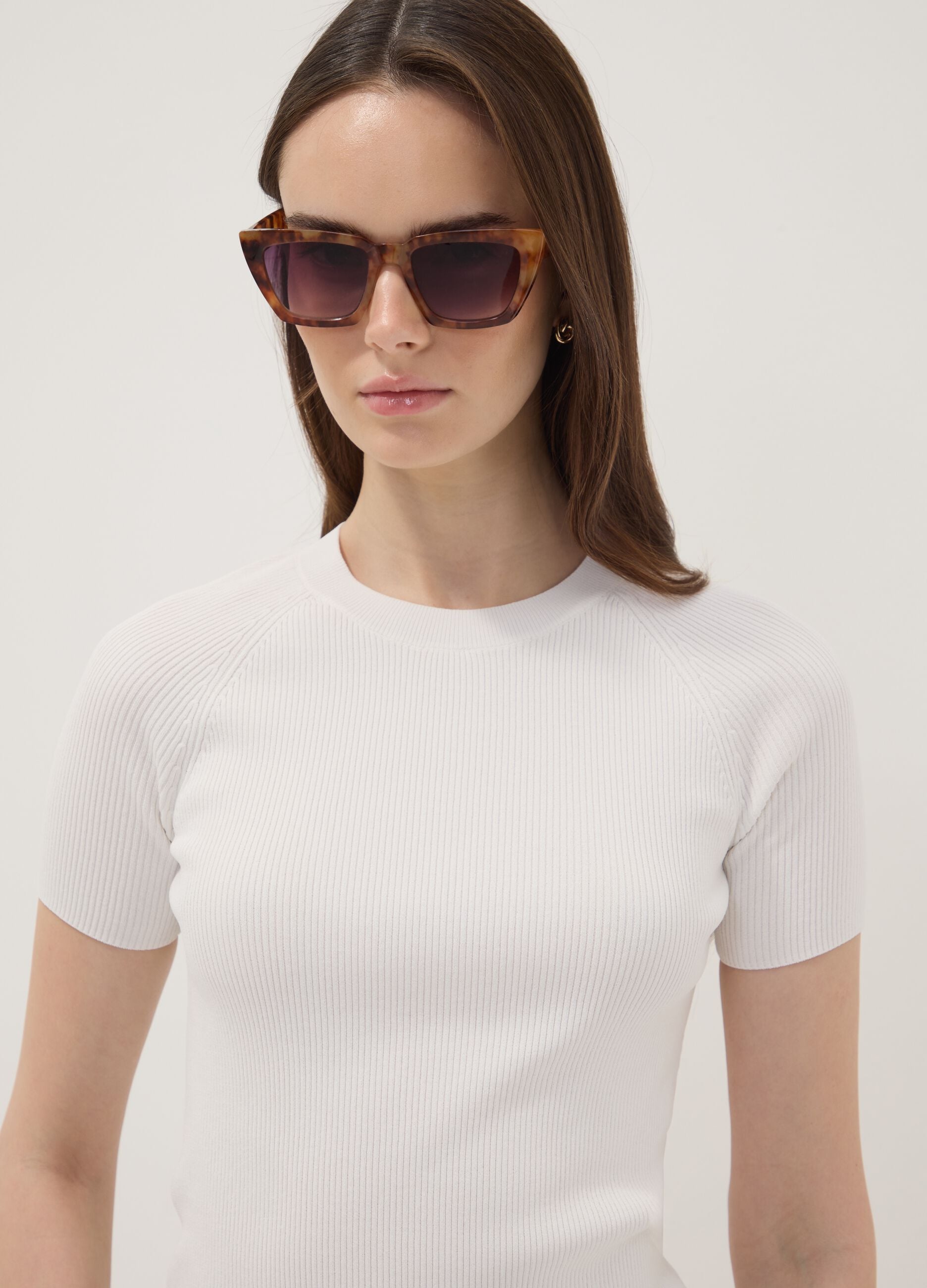 White ribbed fitted viscose-blend knit top