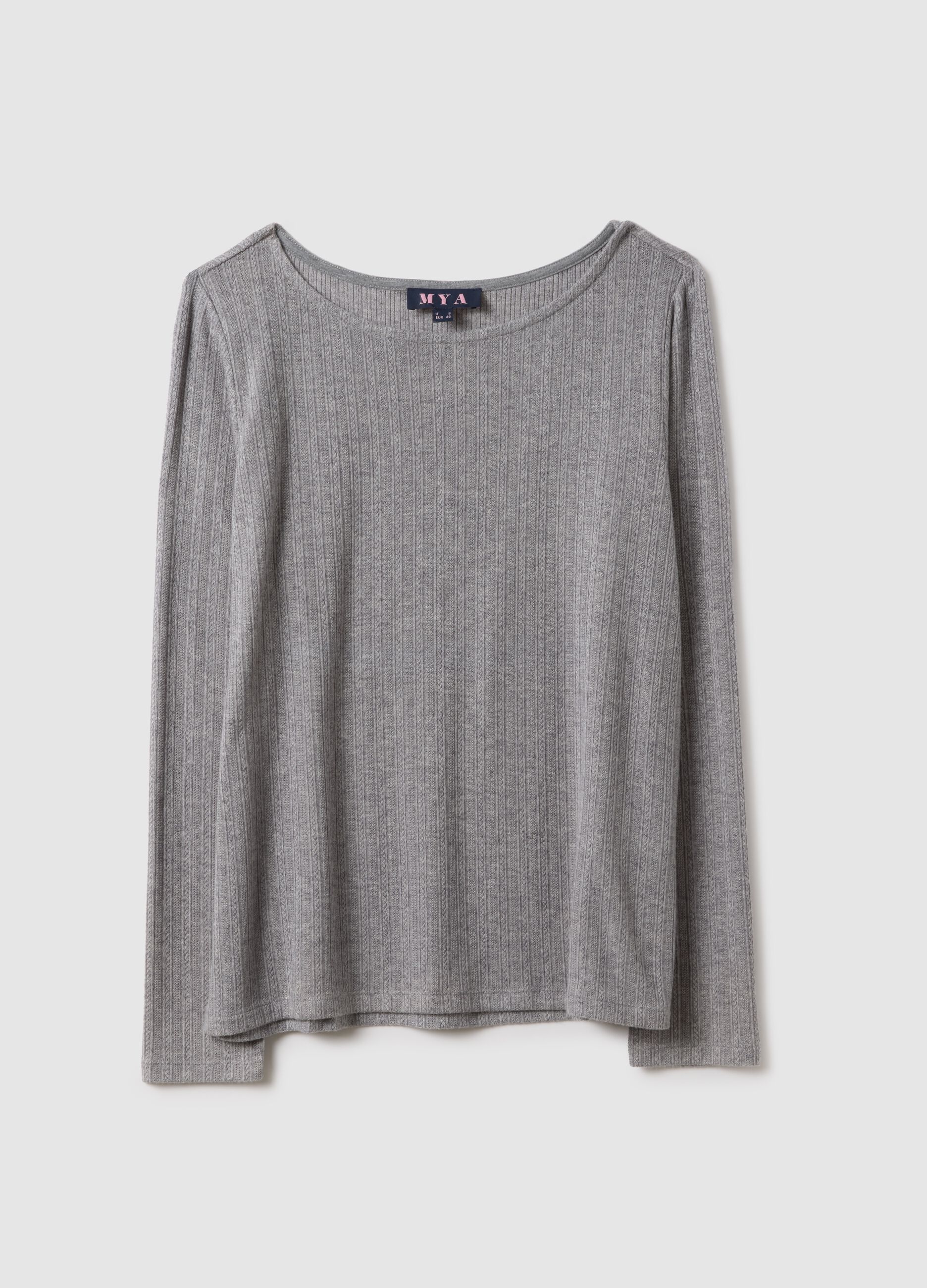 Grey long-sleeve regular fit boat neck t-shirt