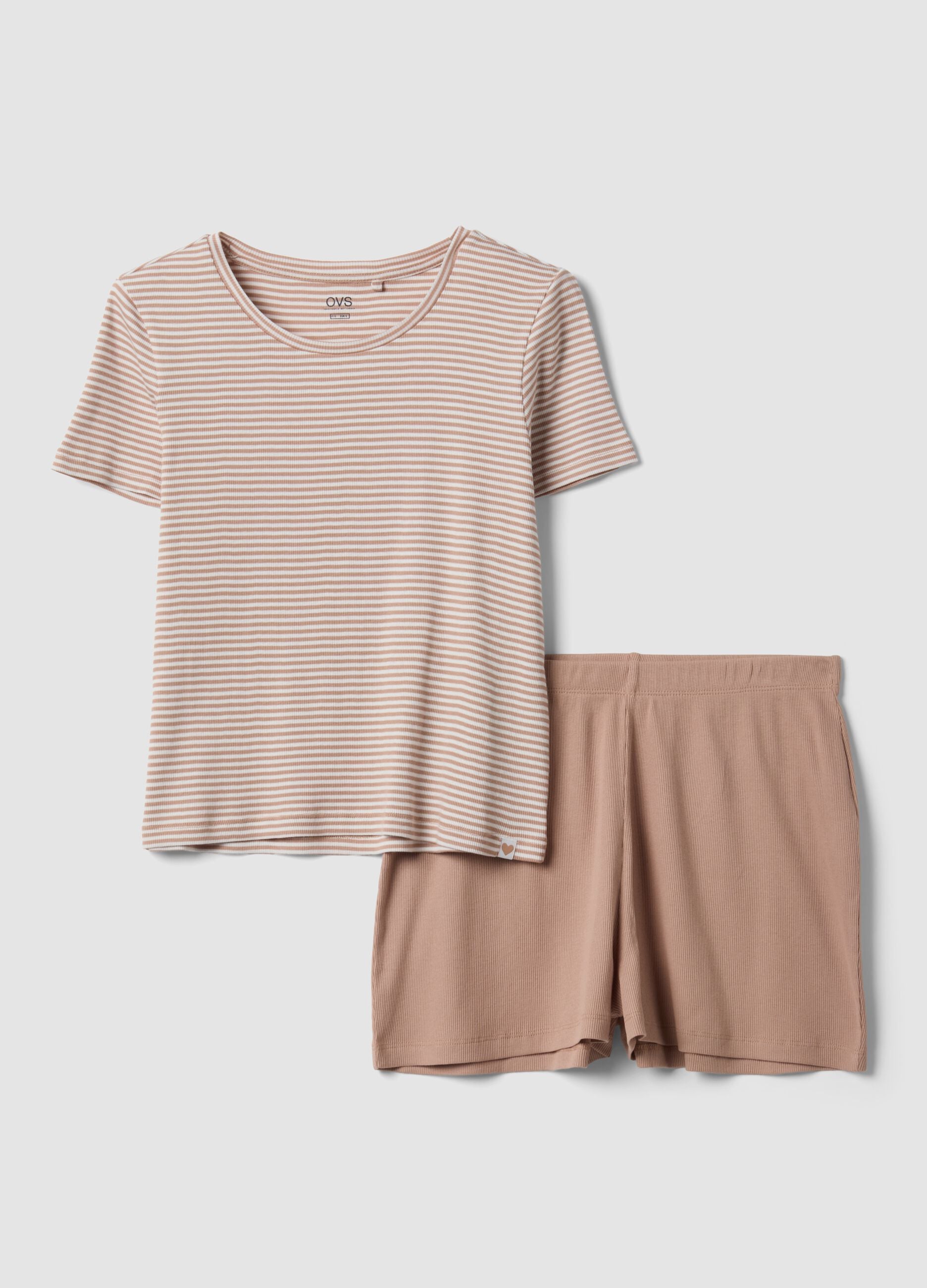 Multicolour pure organic cotton pyjamas with striped T-shirt and shorts