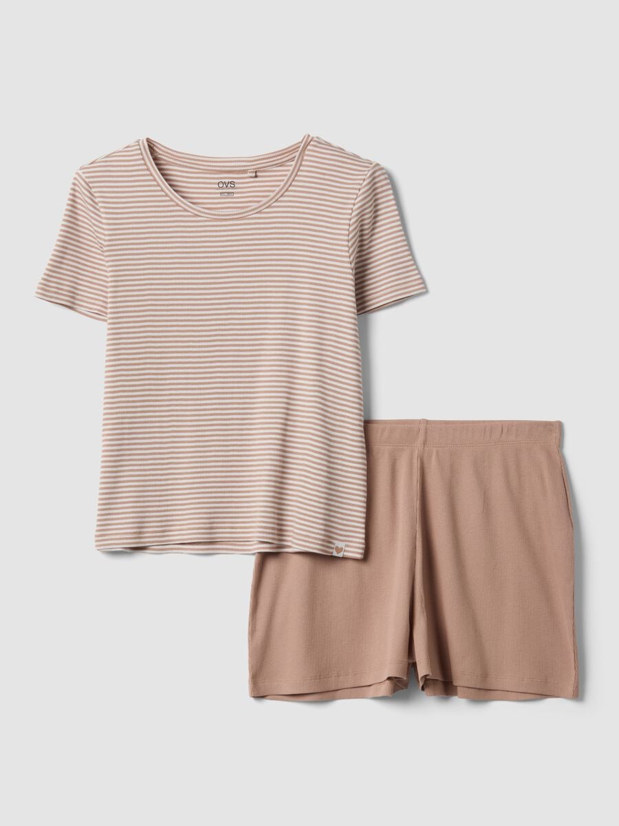 Pigiama multicolor in puro cotone organico con t-shirt a righe e shorts_4