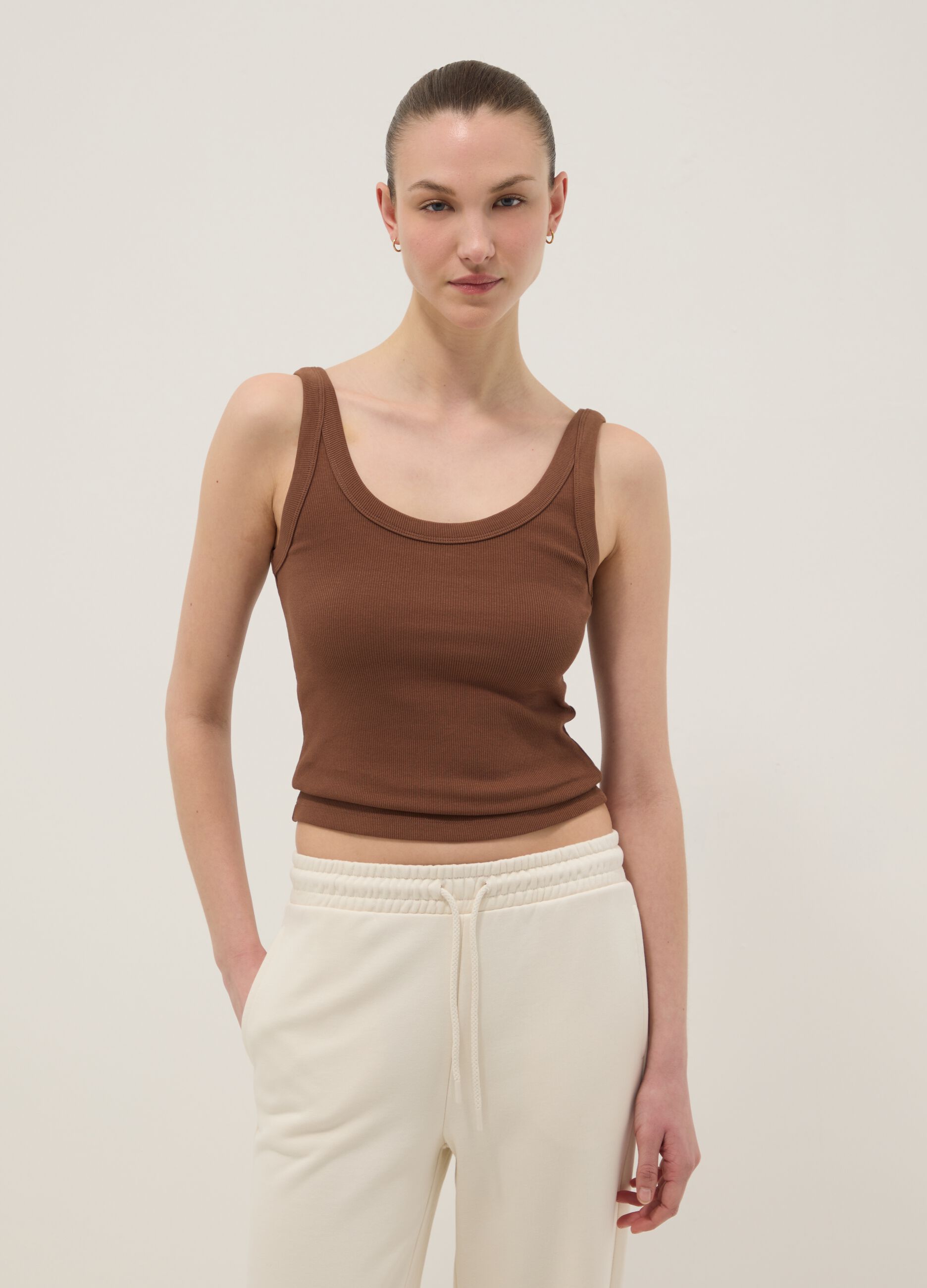 Brown fitted stretch-cotton vest top