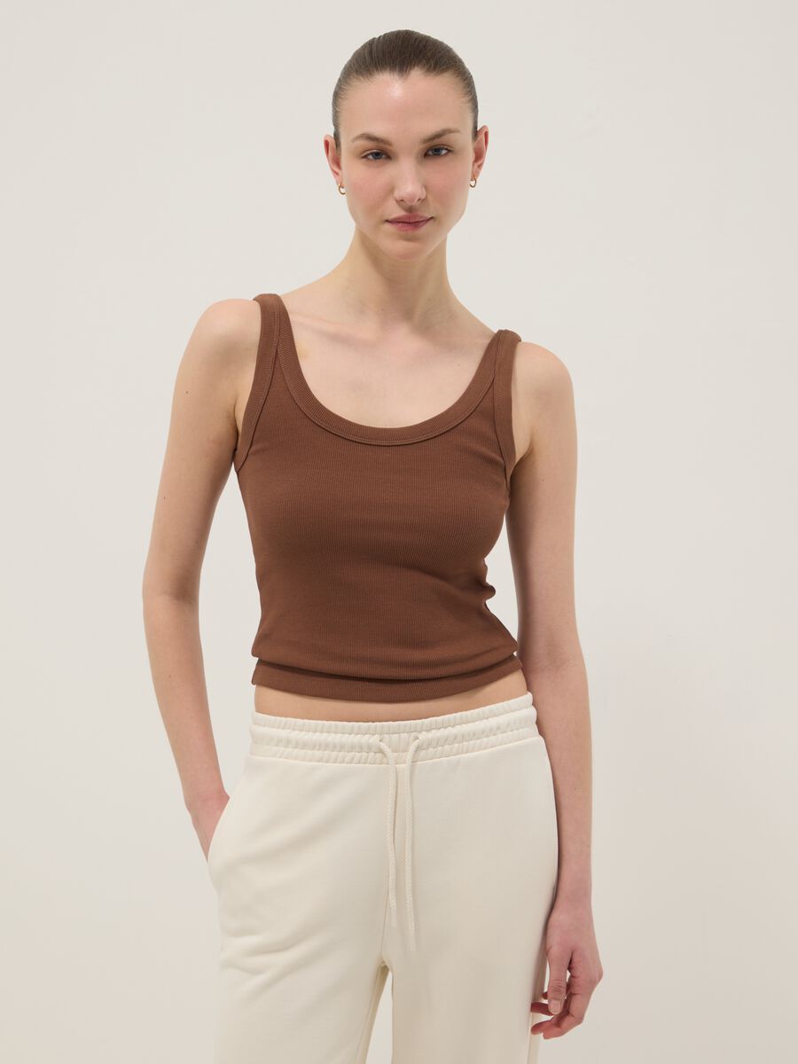 Brown fitted stretch-cotton vest top_1