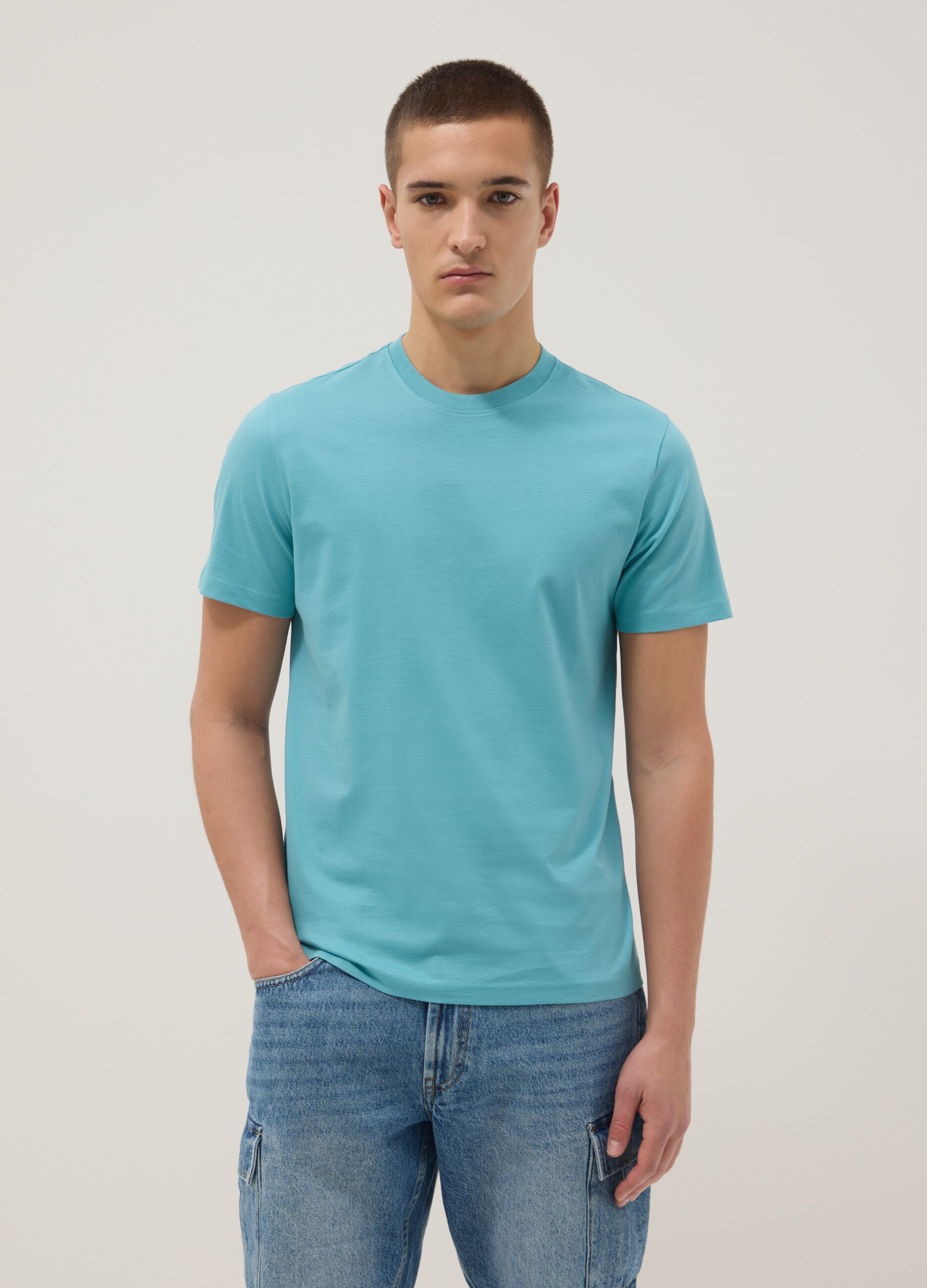 Short-sleeved pure cotton blue regular fit T-shirt