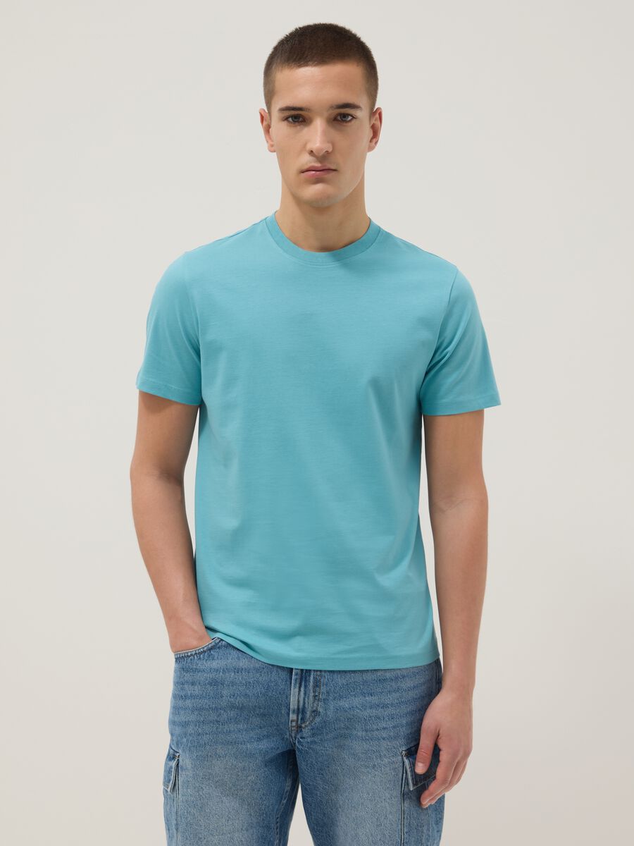 Short-sleeved pure cotton blue regular fit T-shirt_1
