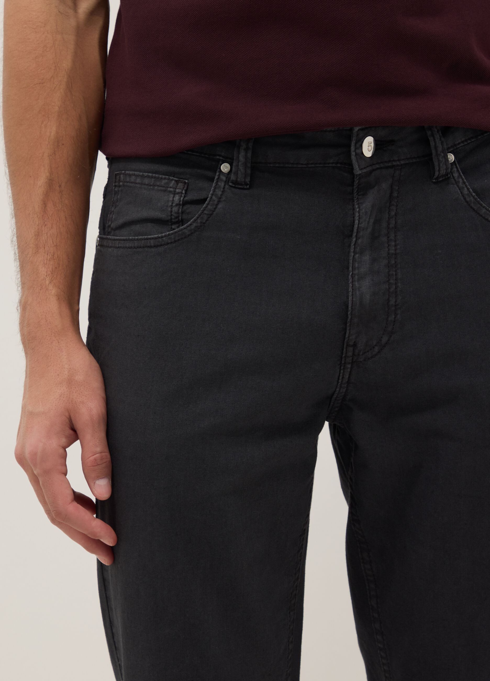 Black casual linen-cotton blend regular-fit trousers