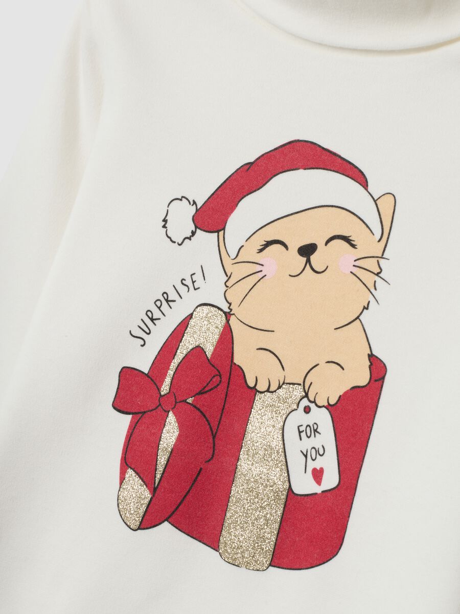 T-shirt bianca in puro cotone dolcevita con stampa_2
