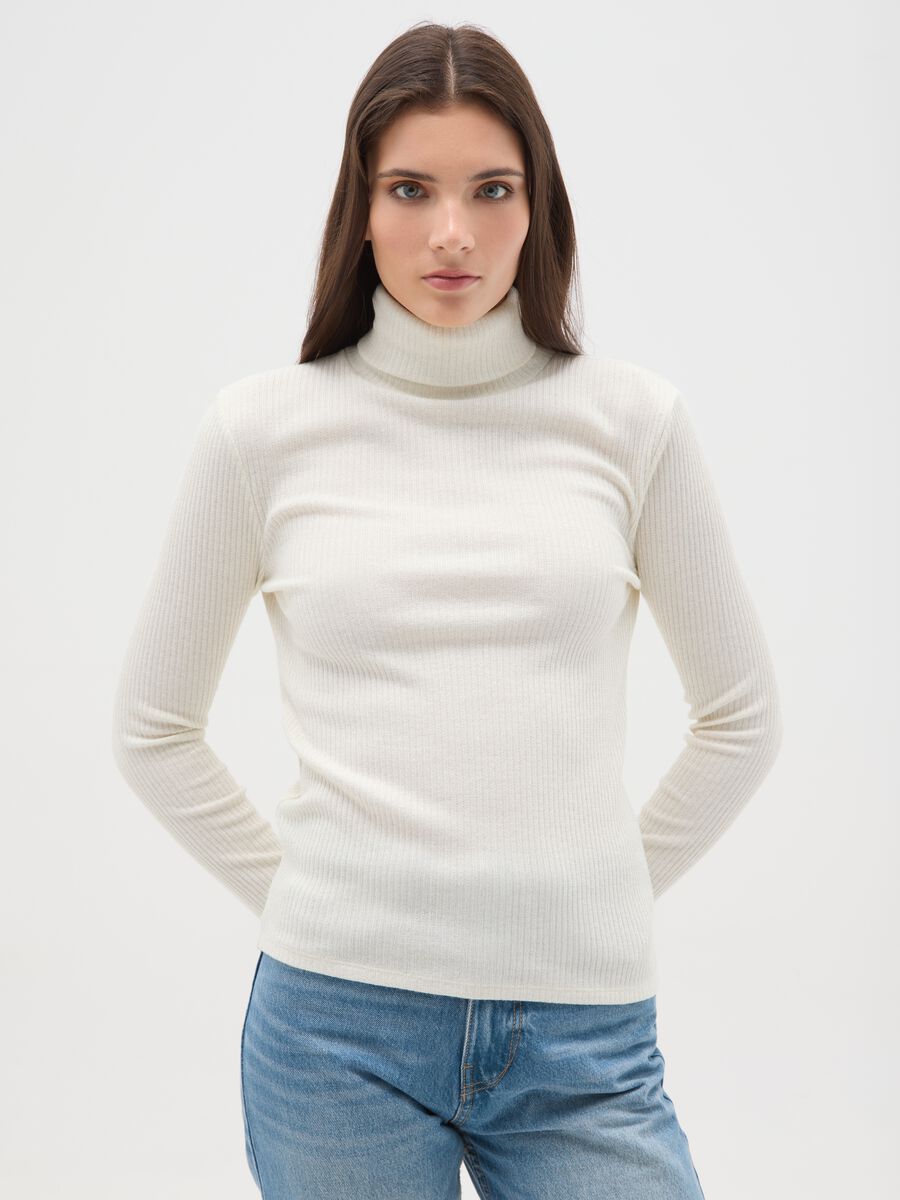 Maglia girocollo con maniche lunghe a righe bianca regular fit_0