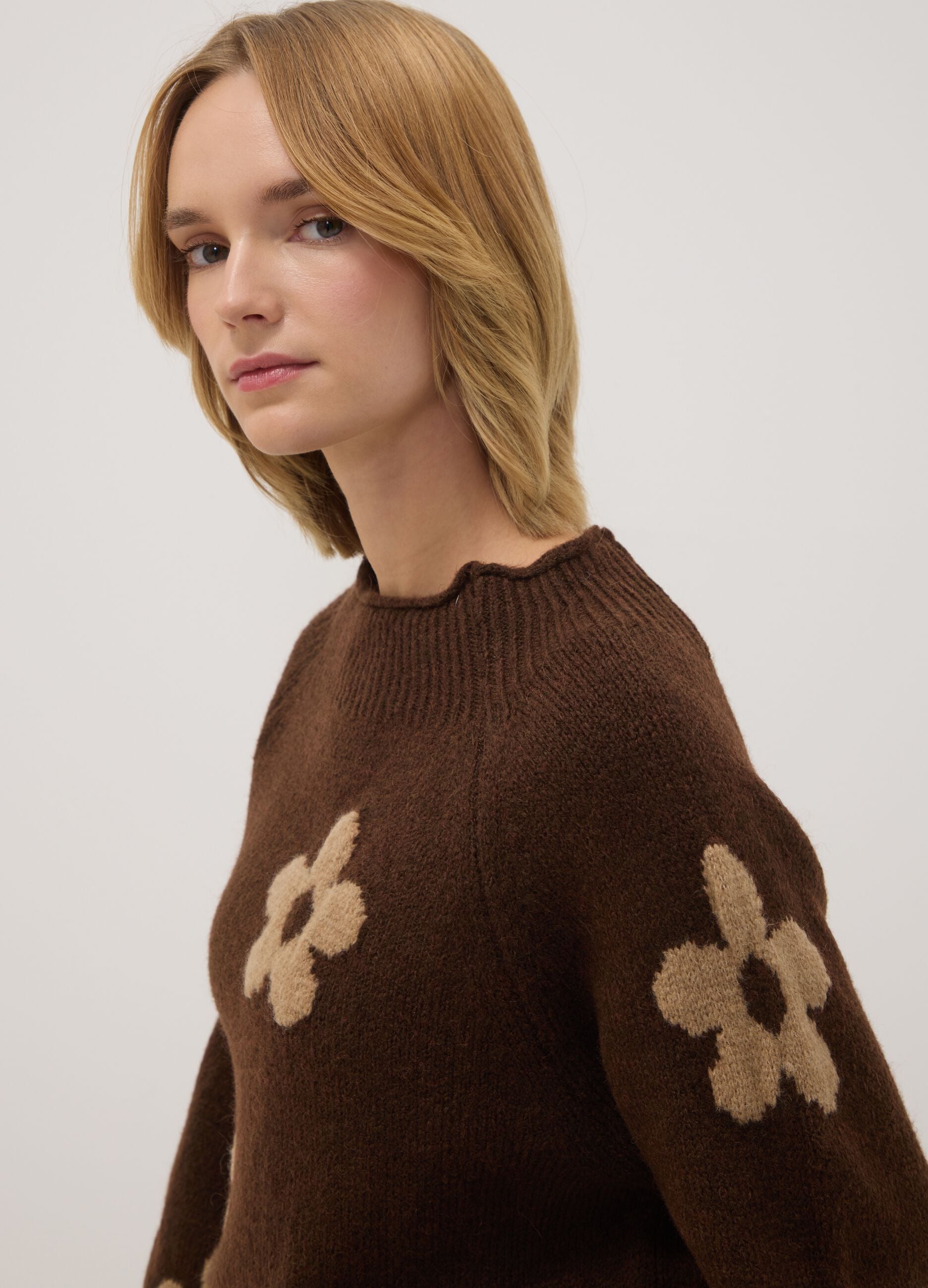 Brown and orange wool-blend floral jumper