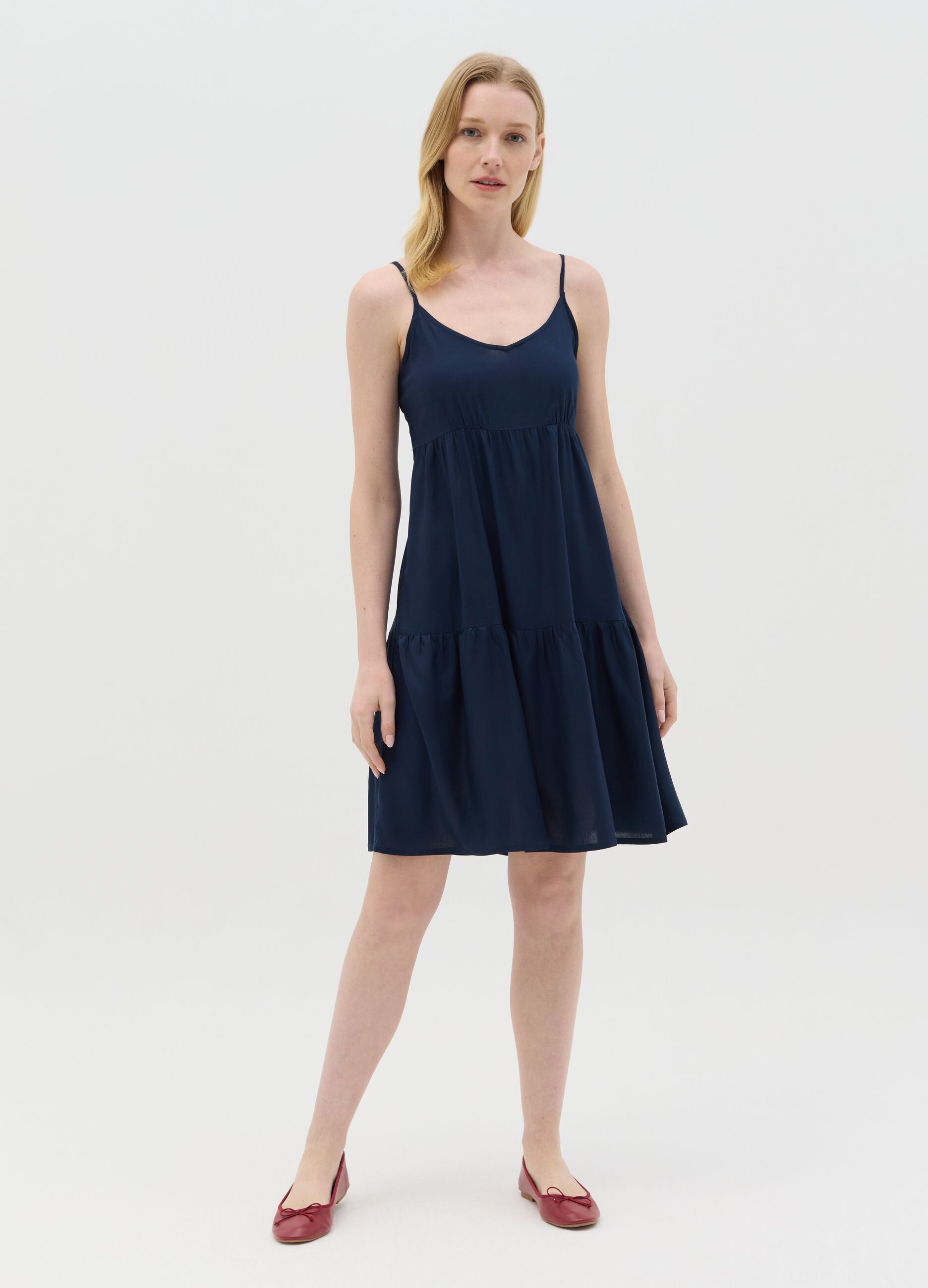 Blue viscose dress with V neck and flounce