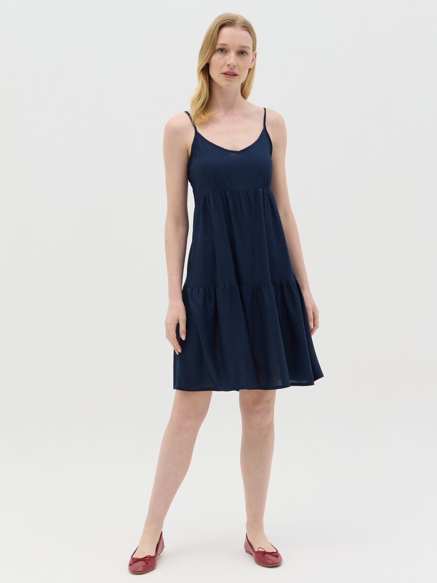 Blue viscose dress with V neck and flounce_0
