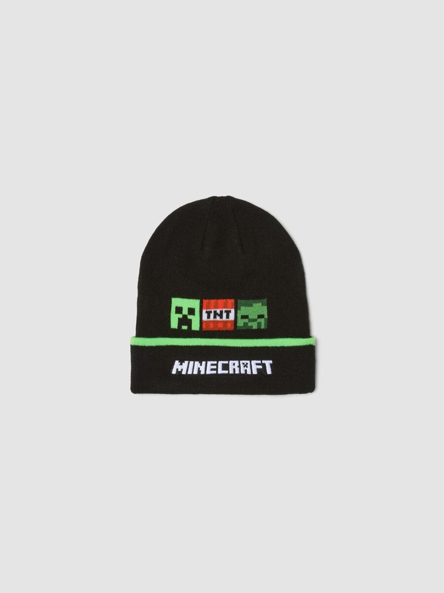 Black knitted beanie with cuff featuring Minecraft theme_0