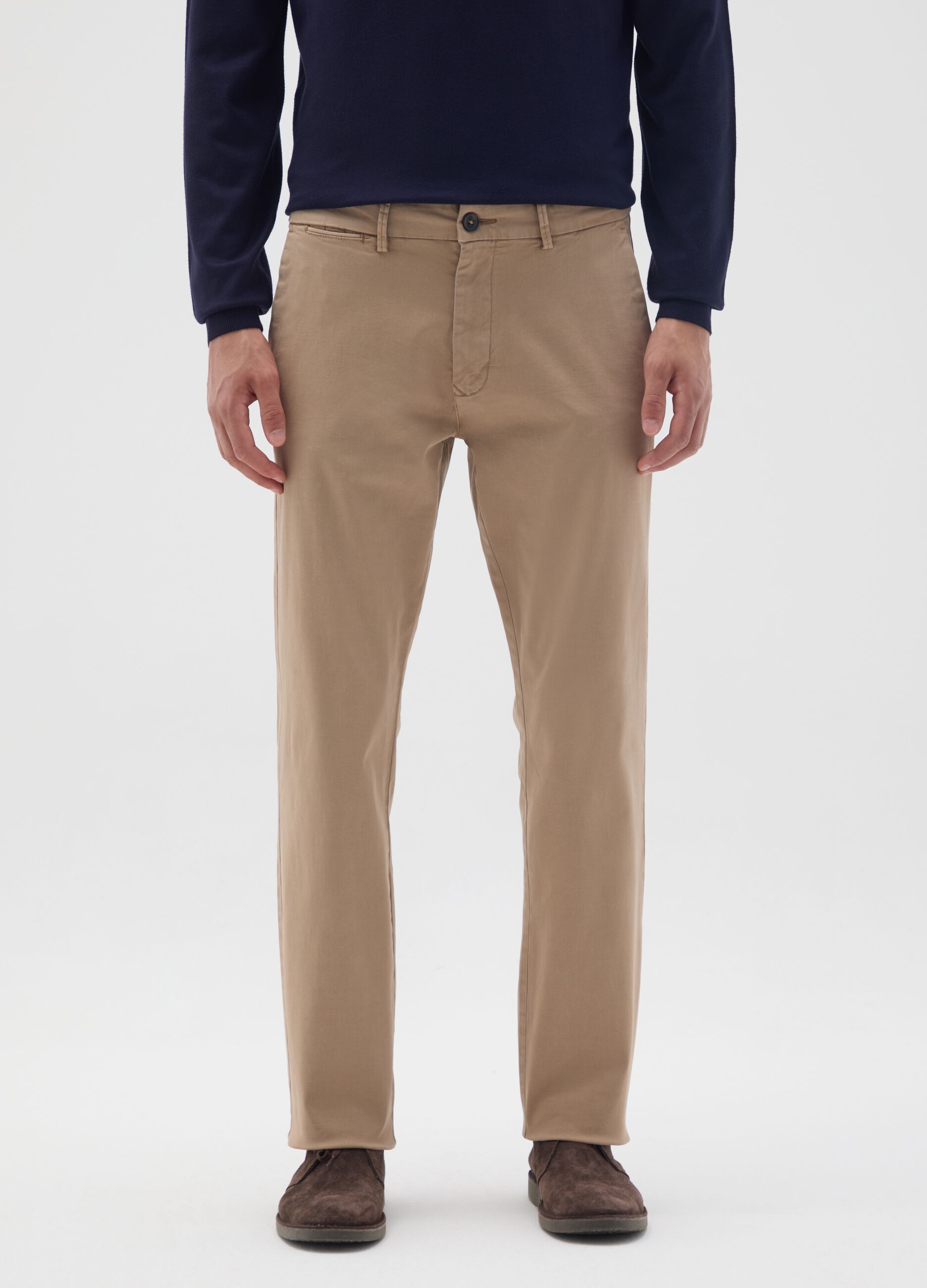 Beige Stretch Cotton Regular Fit Trousers