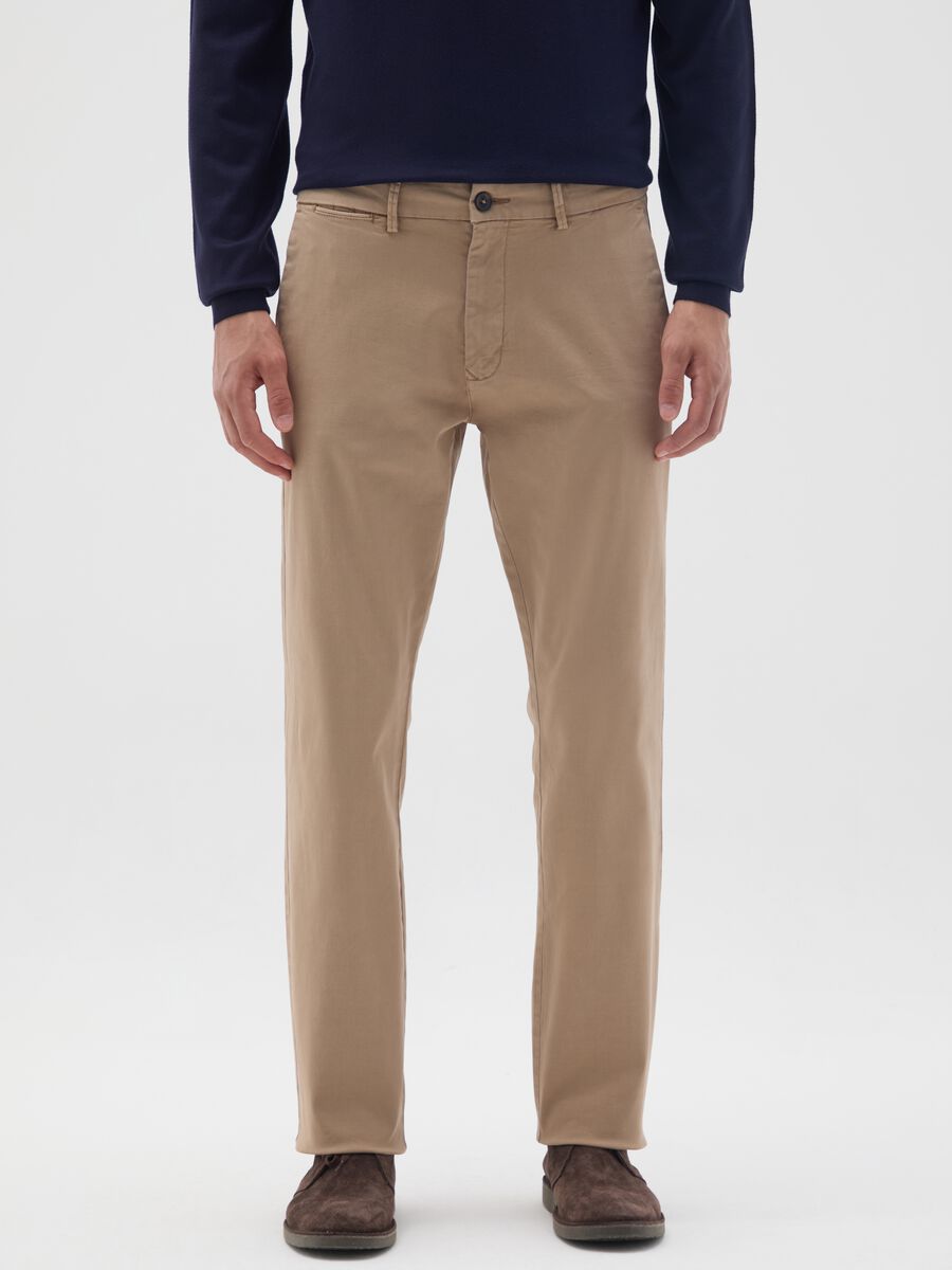 Beige Stretch Cotton Regular Fit Trousers_1
