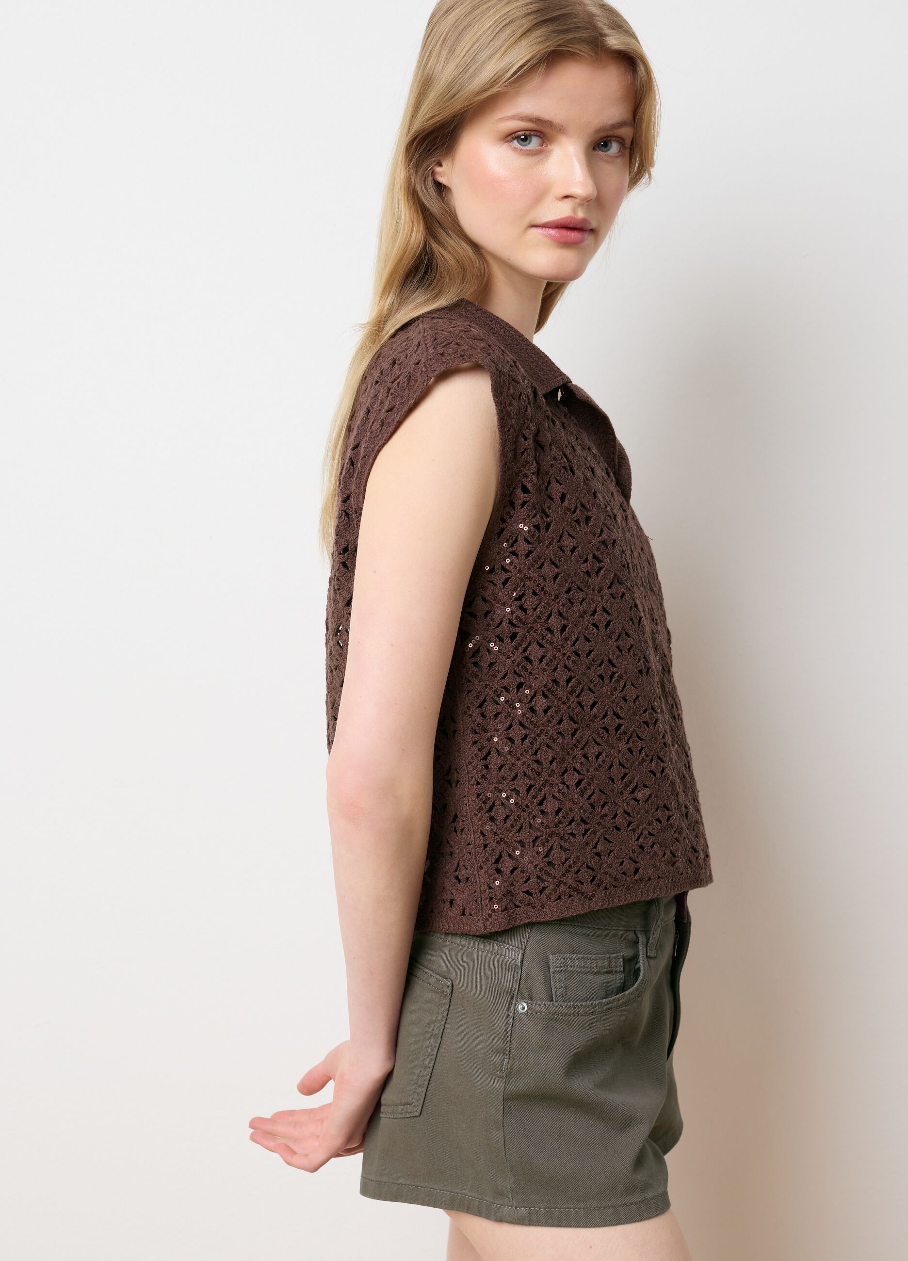 Brown cotton blend fitted women's top with sequins
