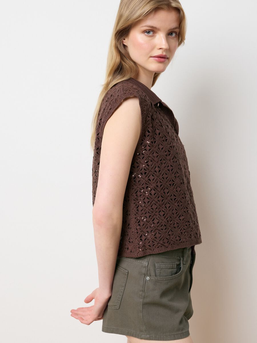 Brown cotton blend fitted women's top with sequins_2