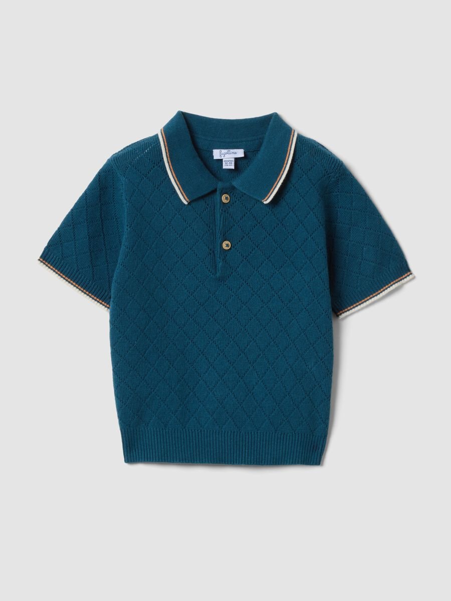 Blue short-sleeved polo shirt in pure cotton_0
