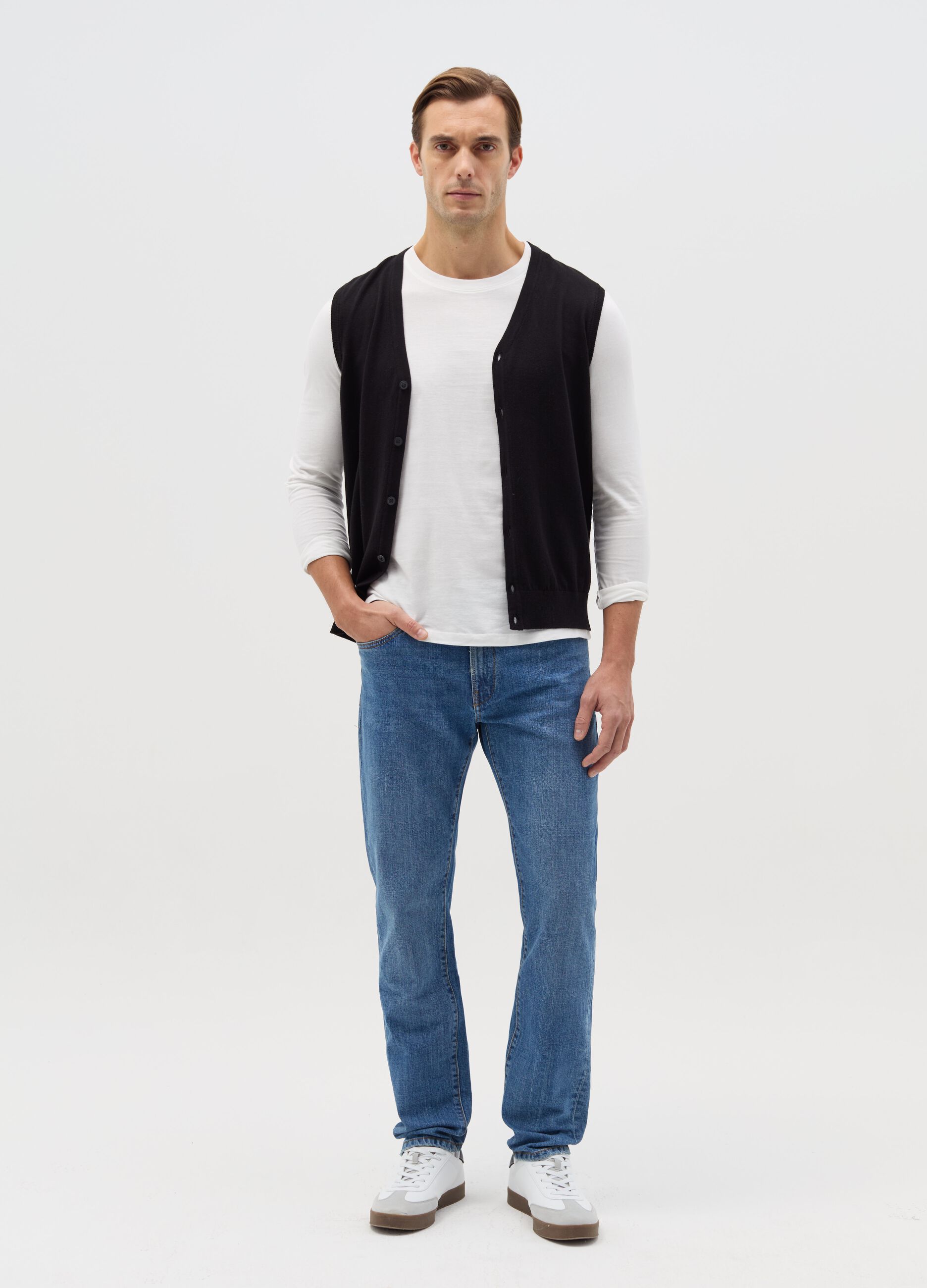 Slim-fit cross-hatch cotton jeans