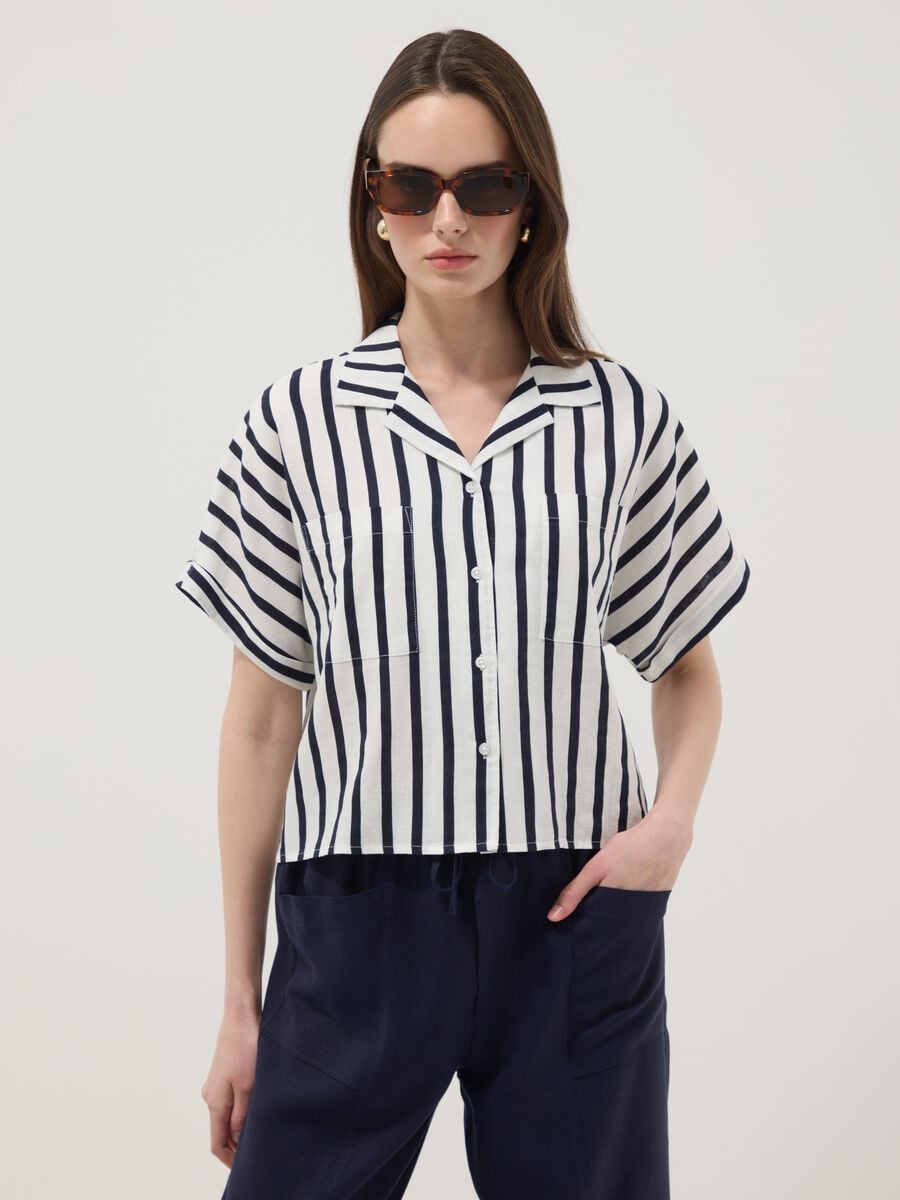 Camicia a righe multicolor in misto lino e viscosa regular fit_0