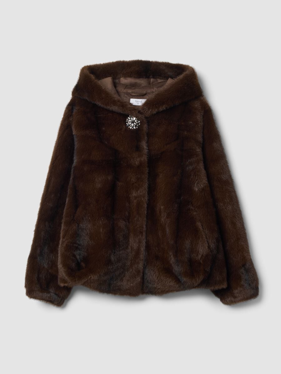 Cappotto marrone regular fit con cappuccio e chiusura con gioiello_0