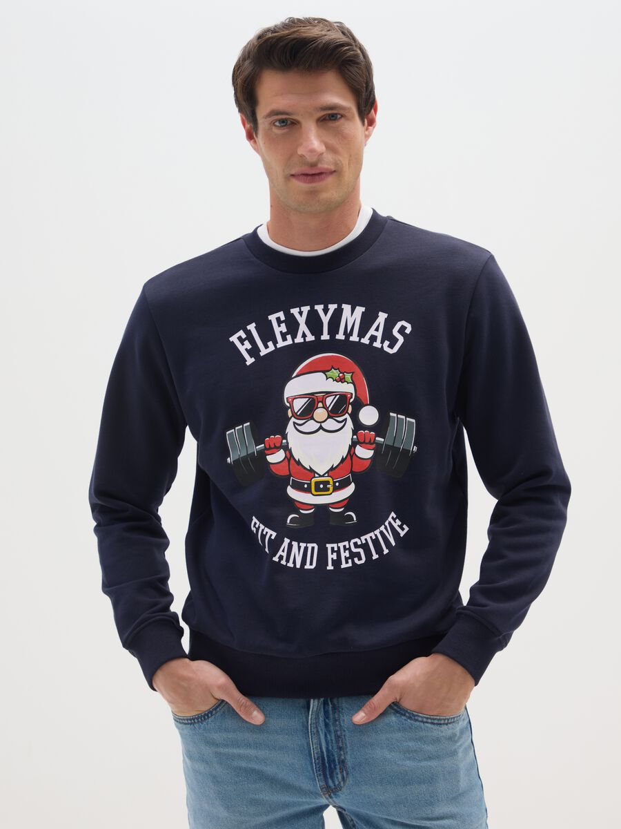 Regular fit blue cotton blend sweatshirt with crew neck_0