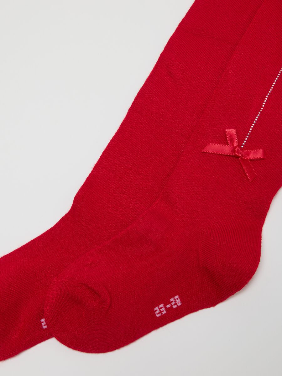 Girls' red tights in bamboo blend with bow_1