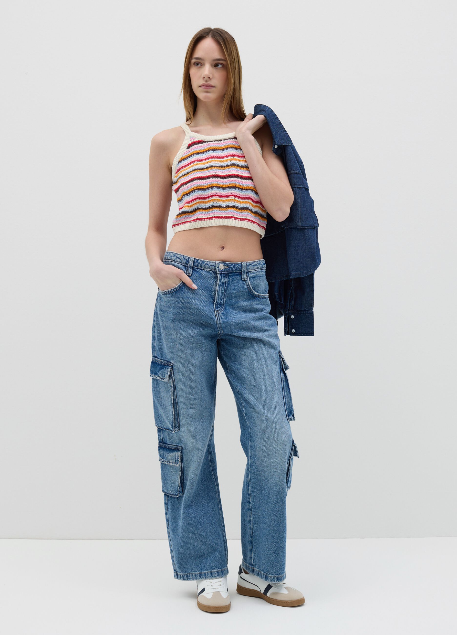 Crop top da donna in puro cotone multicolor fitted