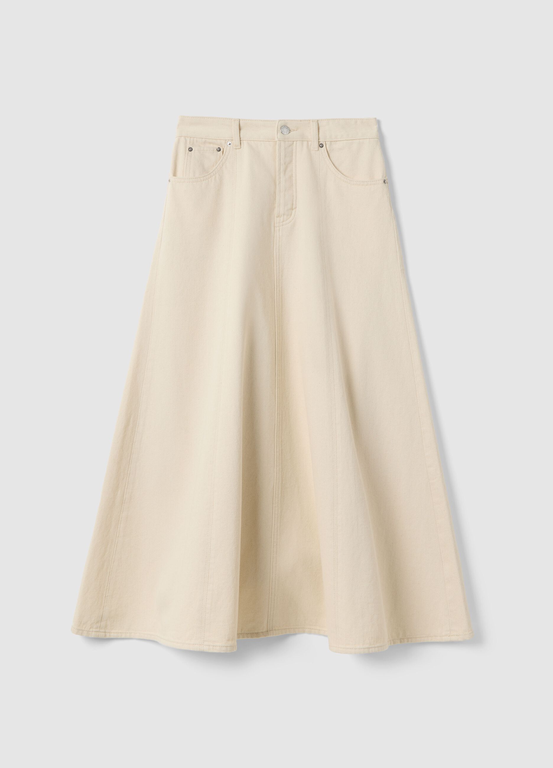 Long beige regular fit pure cotton denim skirt