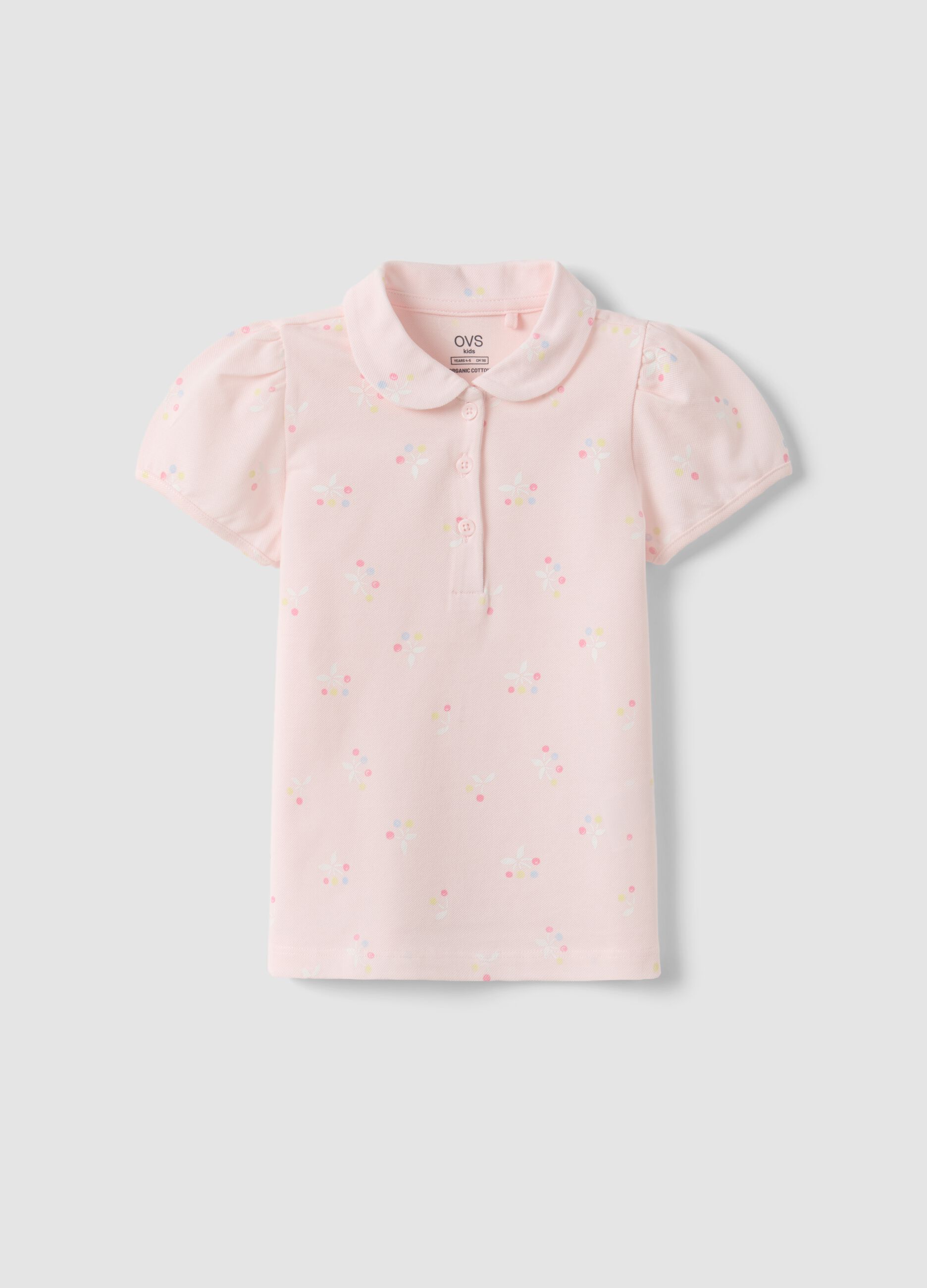 Girls' pure cotton pink polo with floral pattern, regular fit