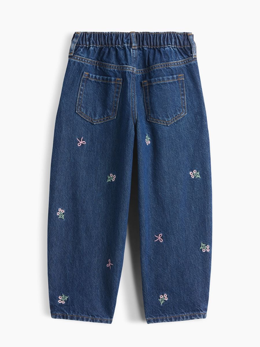 Jeans denim in puro cotone con ricami floreali_2