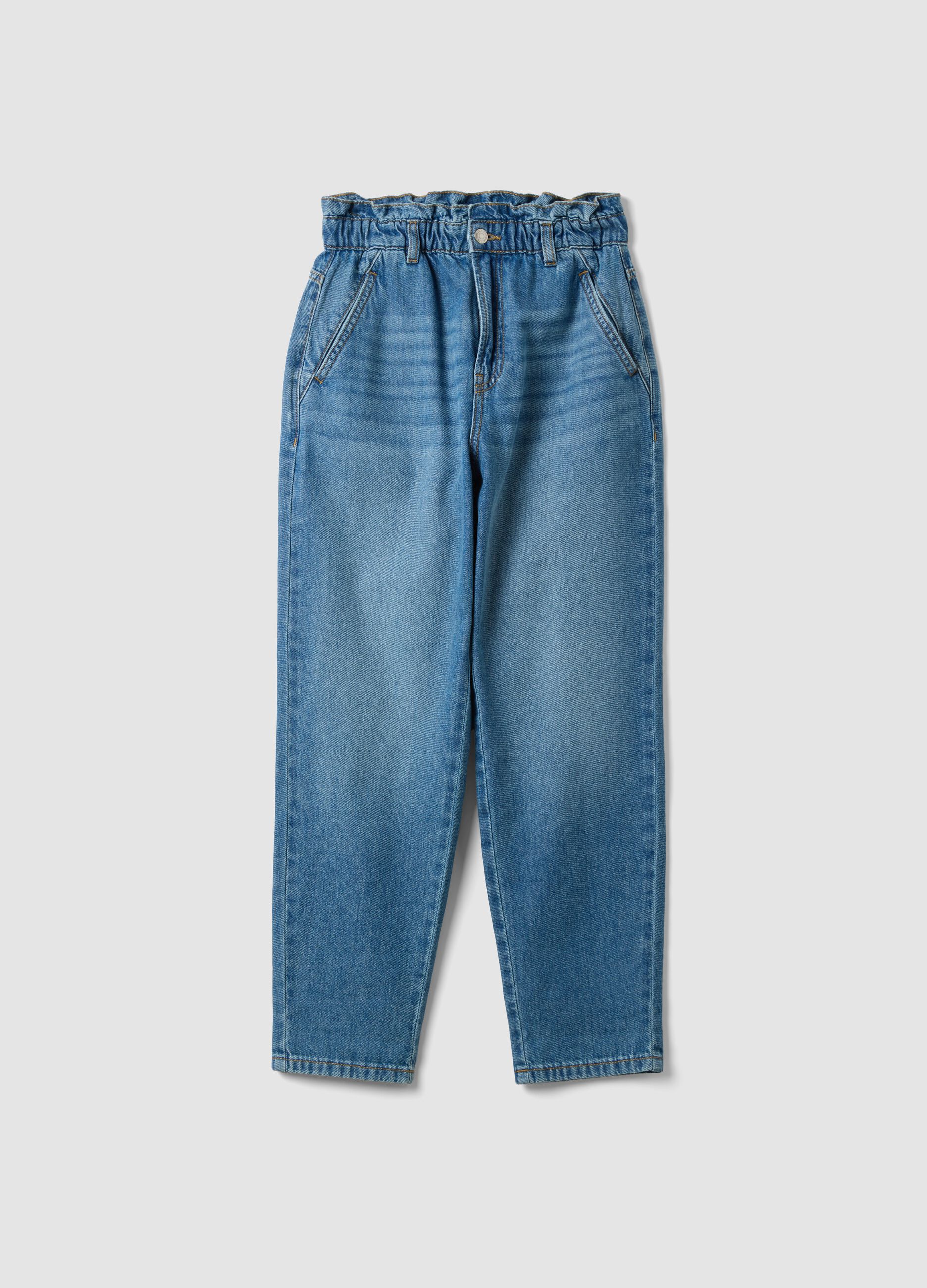 Jeans denim azzurri in puro cotone con vita paperbag baggy fit